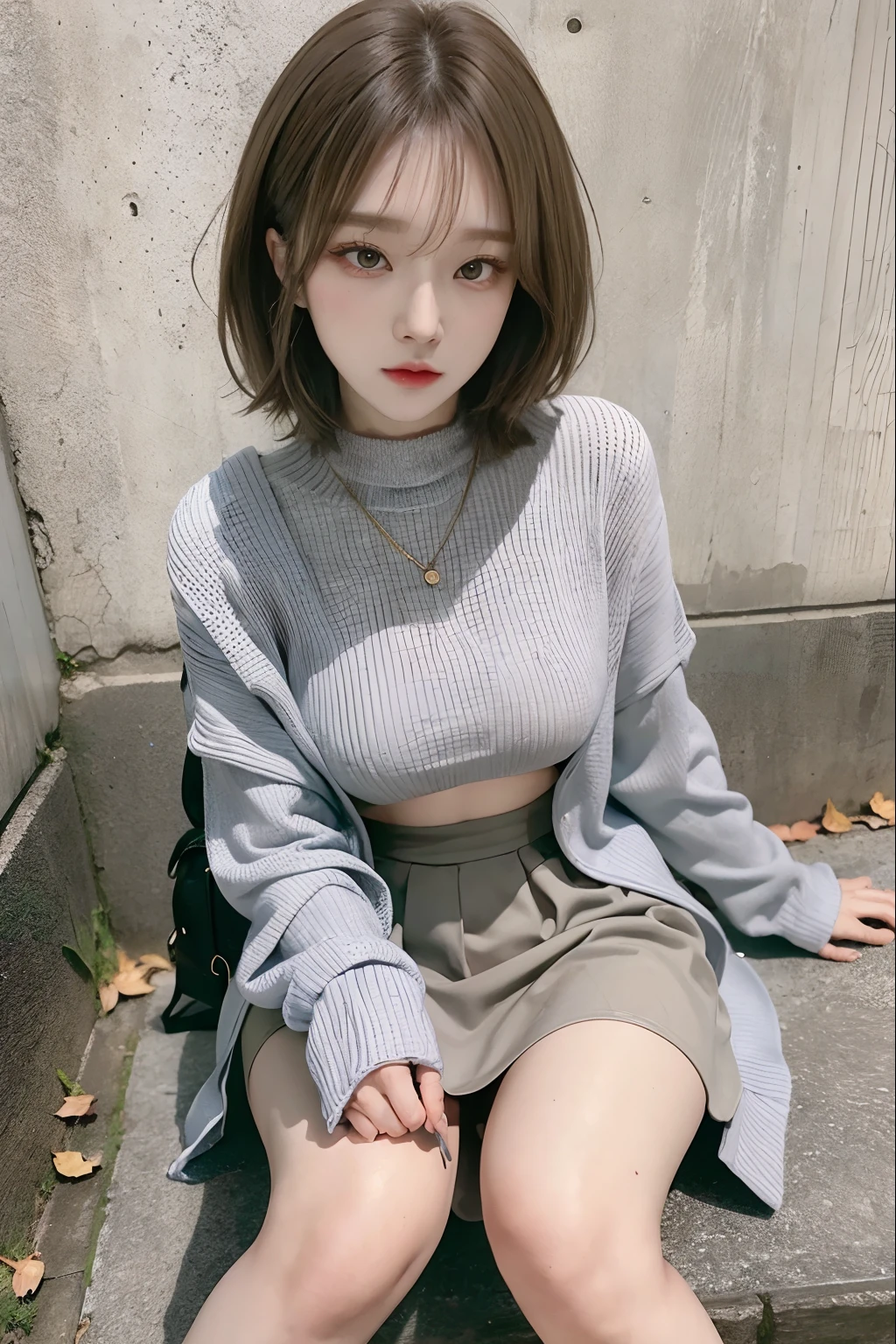 Top image quality、Raw photography、超A high resolution、An 18-year-old woman、Shooting for one person only、modelshoot、Autumn outfit、Fashionable clothes、Beautiful Eyes of Details、student clothes、very elongated eyes、Beautiful eyelashes、Beautiful double eyelids、very slender legs、Shorthair with light brown hair、very slender physique、Gray walls