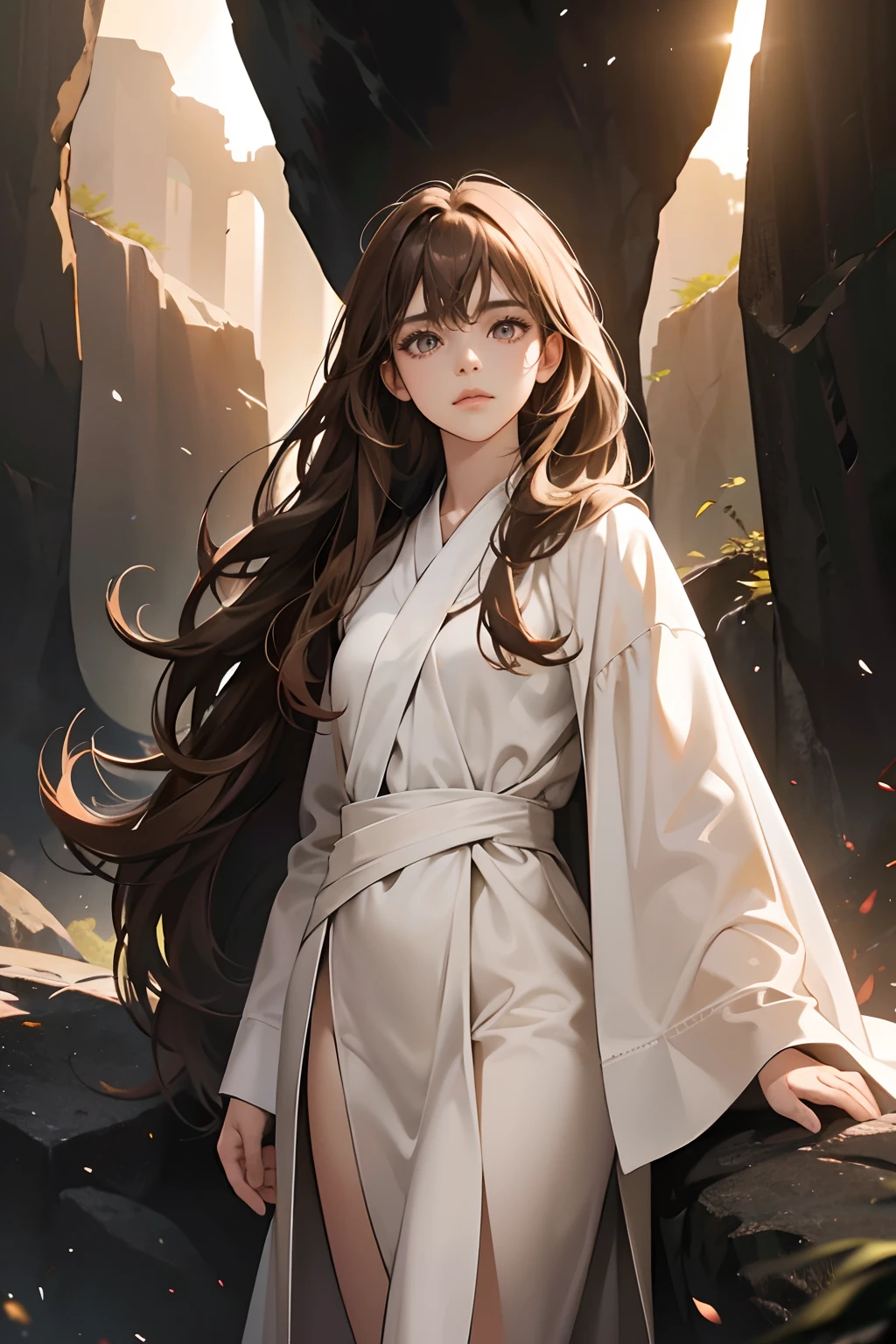 1 girl,adult female, eyes looking to camera,Perfect female body, (long brown hair, white robe,in the cave),dark night,tmasterpiece,dramatic shadow, Ray tracing