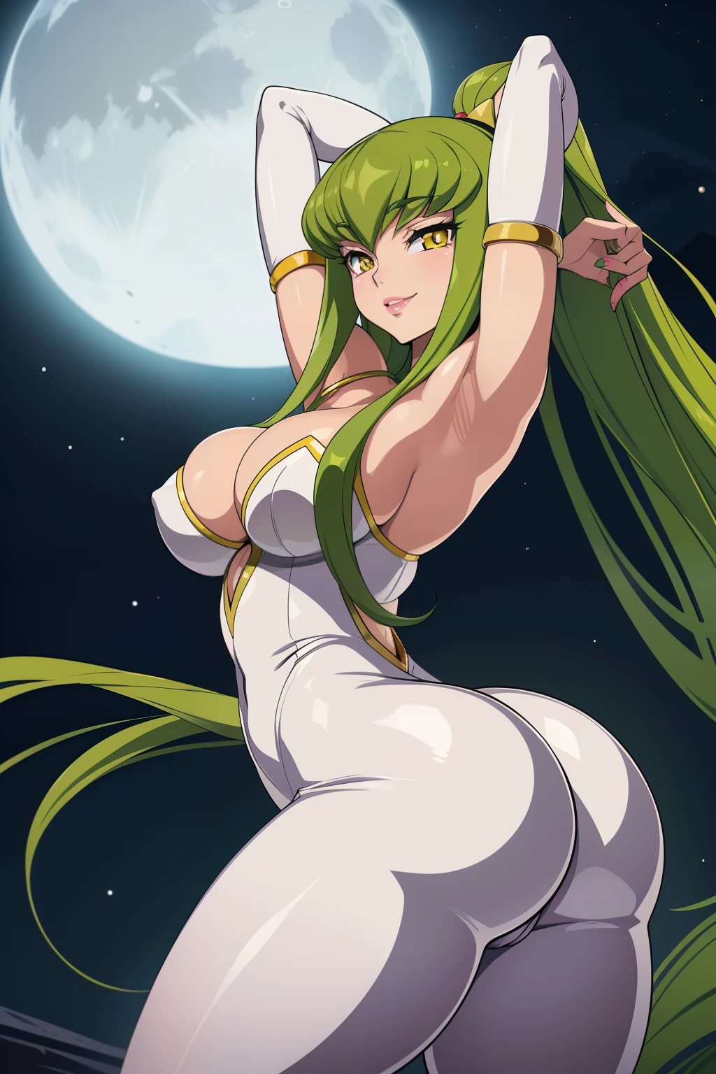 Code Geass, C.C, 1girl, (((bimbo))), long green hair, yellow eyes, ear rings, puffy lips, painted lips, thick lips, wide hips, thick thighs, small breast, huge ass, revealing cleavage, erotic, Smile face, bubble butt, camel toe, Breasts, , white suit, arms up, night time, moon