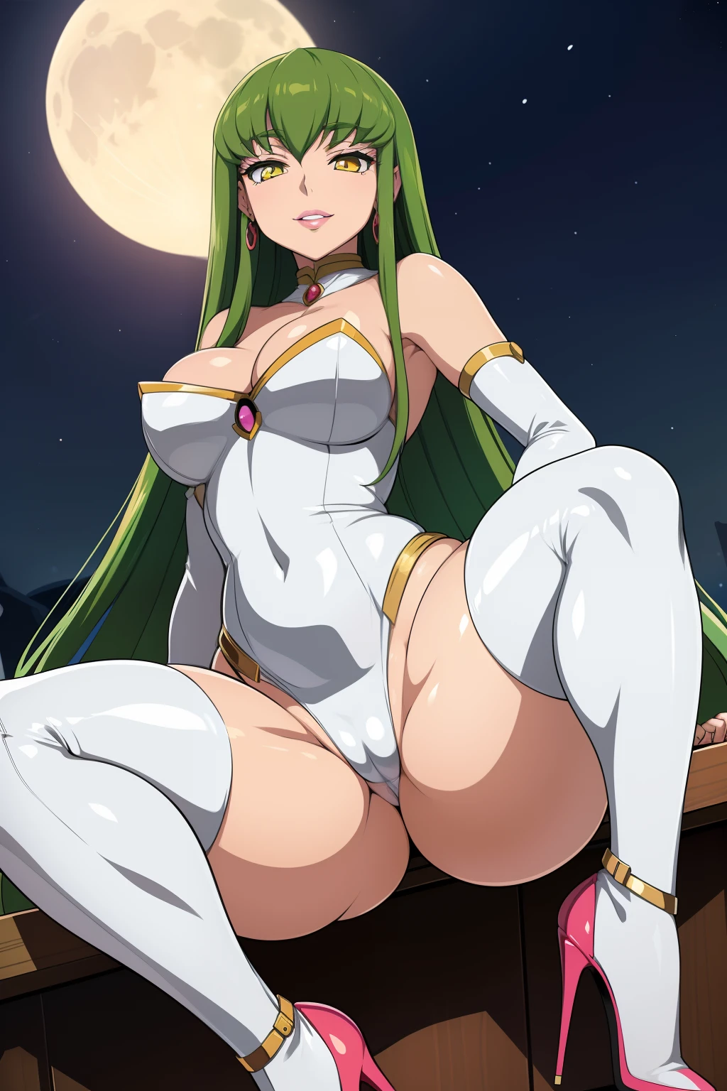 Code Geass, C.C, 1girl, (((bimbo))), long green hair, yellow eyes, ear rings, puffy lips, painted lips, thick lips, wide hips, thick thighs, small round breast, huge ass, revealing cleavage, erotic, Smile face, bubble butt, camel toe, Breasts, white suit, high heels, posing, night time, moon