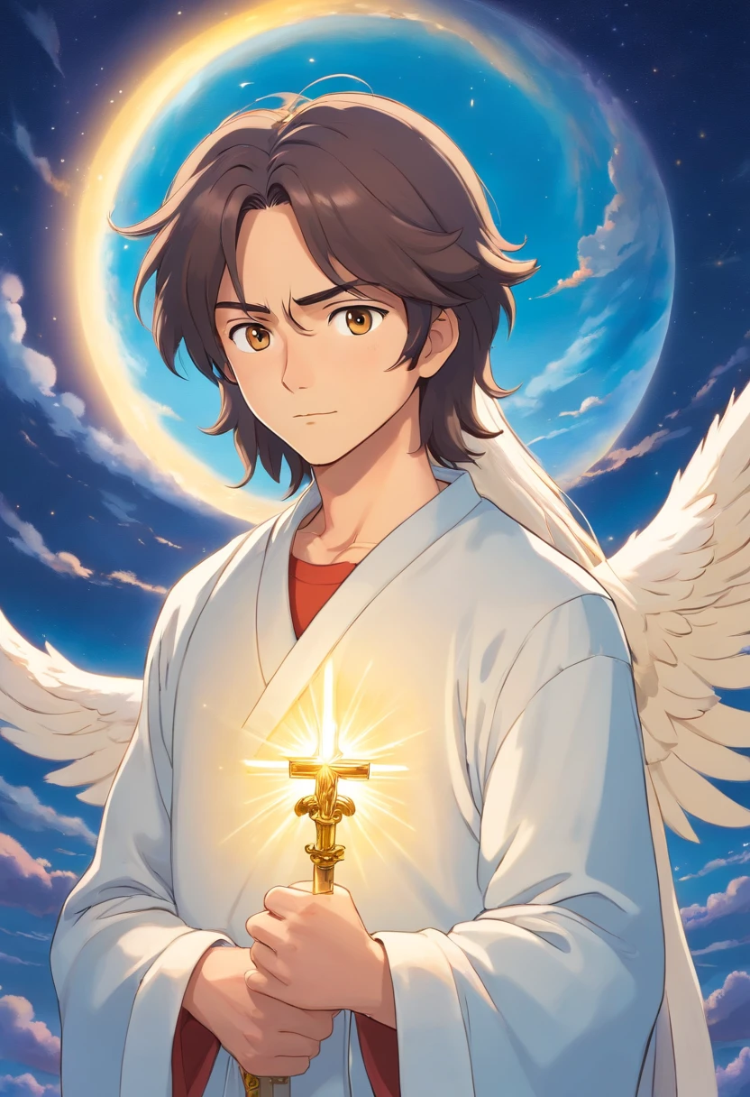 Describe an illustration of Jesus as an anime character. He has long, straight hair that flows smoothly down to his shoulders. His eyes are bright and gentle, with a touch of sadness in them. He is dressed in a simple white robe with golden details that make him look celestial. In one hand, he holds a pastoral staff, while the other rests softly on his chest, with a serene and compassionate gaze. His face emits an aura of peace and love, and he is surrounded by a soft golden light aura that radiates kindness and compassion to all around him. Behind him, there is a celestial backdrop with soft clouds and a gentle glow, as if he is in paradise. His presence exudes a sense of tranquility and hope for those who contemplate him.