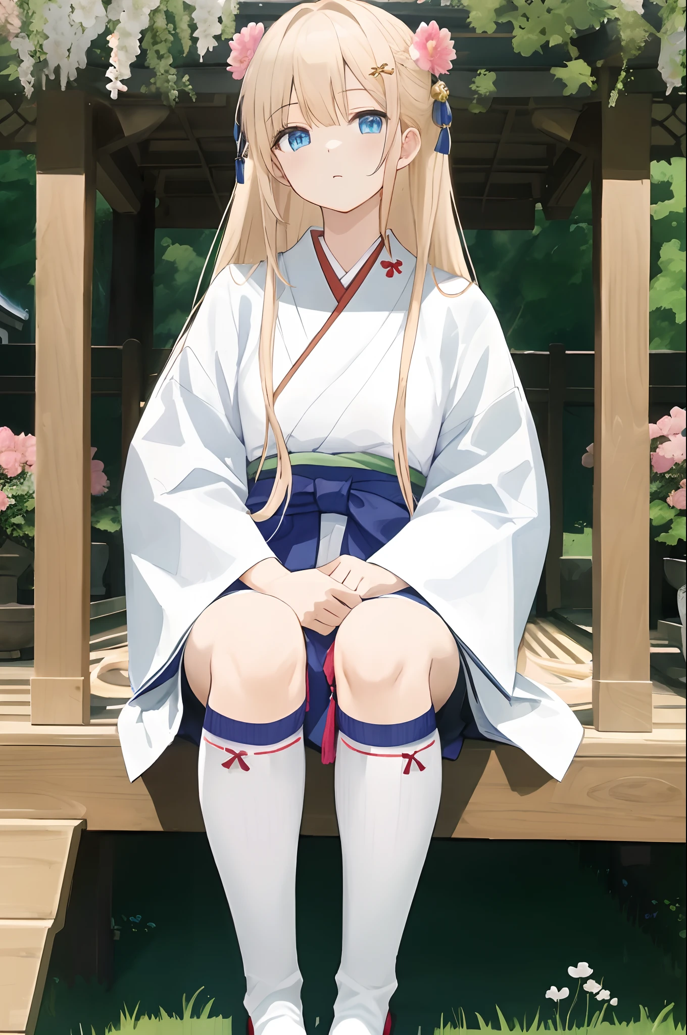 1girl、独奏、The long-haired、a blond、blue eyess、sitted、florals、Japanese clothes、hair adornments、hair adornments、sockes、looking at the spectator、Pink flowers、Keep your mouth shut、kimono、plein air、knee height、white sock、wide sleeves、White kimono、tabi、super long hair、long-sleeve、bangss