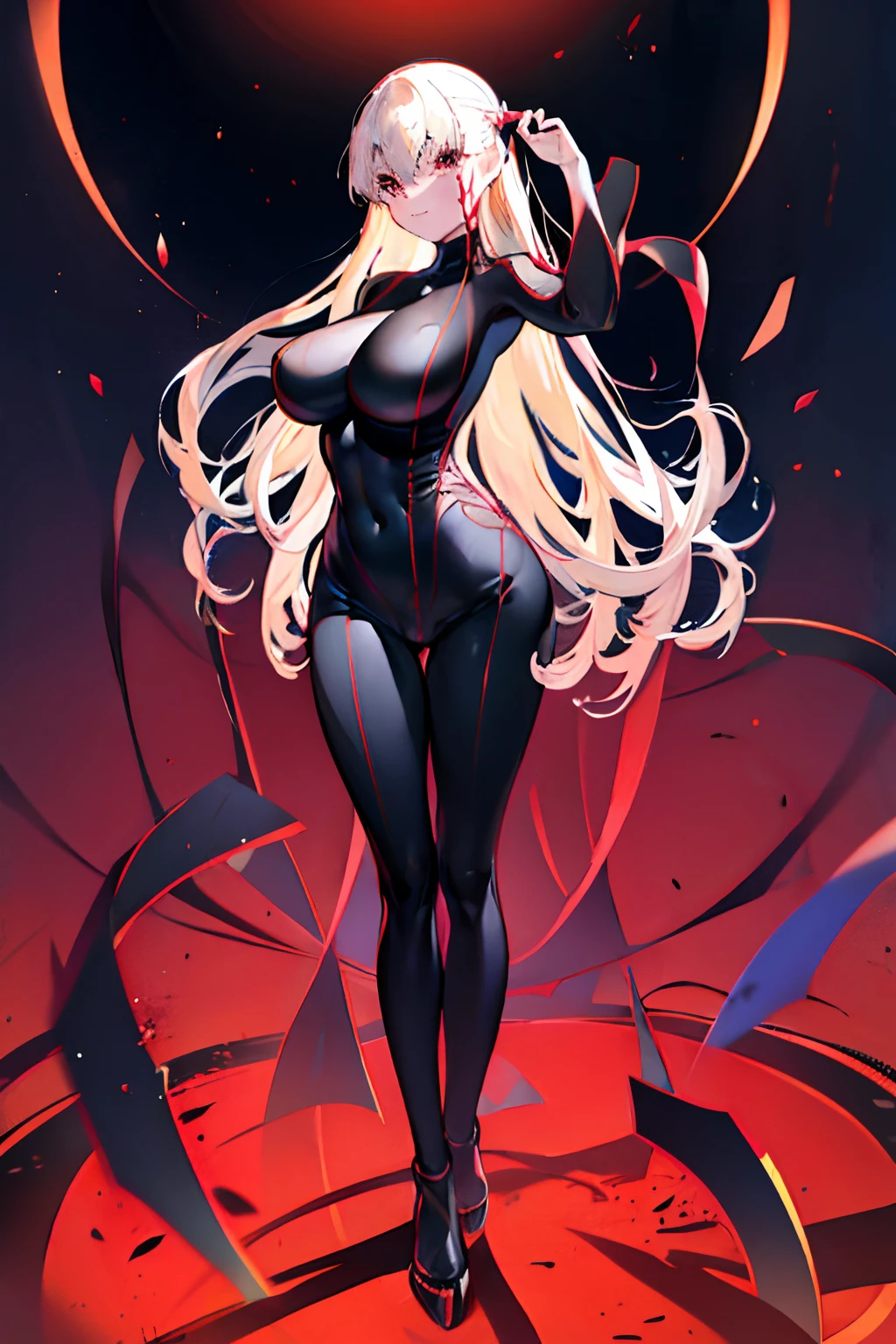 Anime style face a blond Black full body suit Red lines all over the body huge tit Big ass Whip thighs bare-legged seductiv a smile succubus Rear view