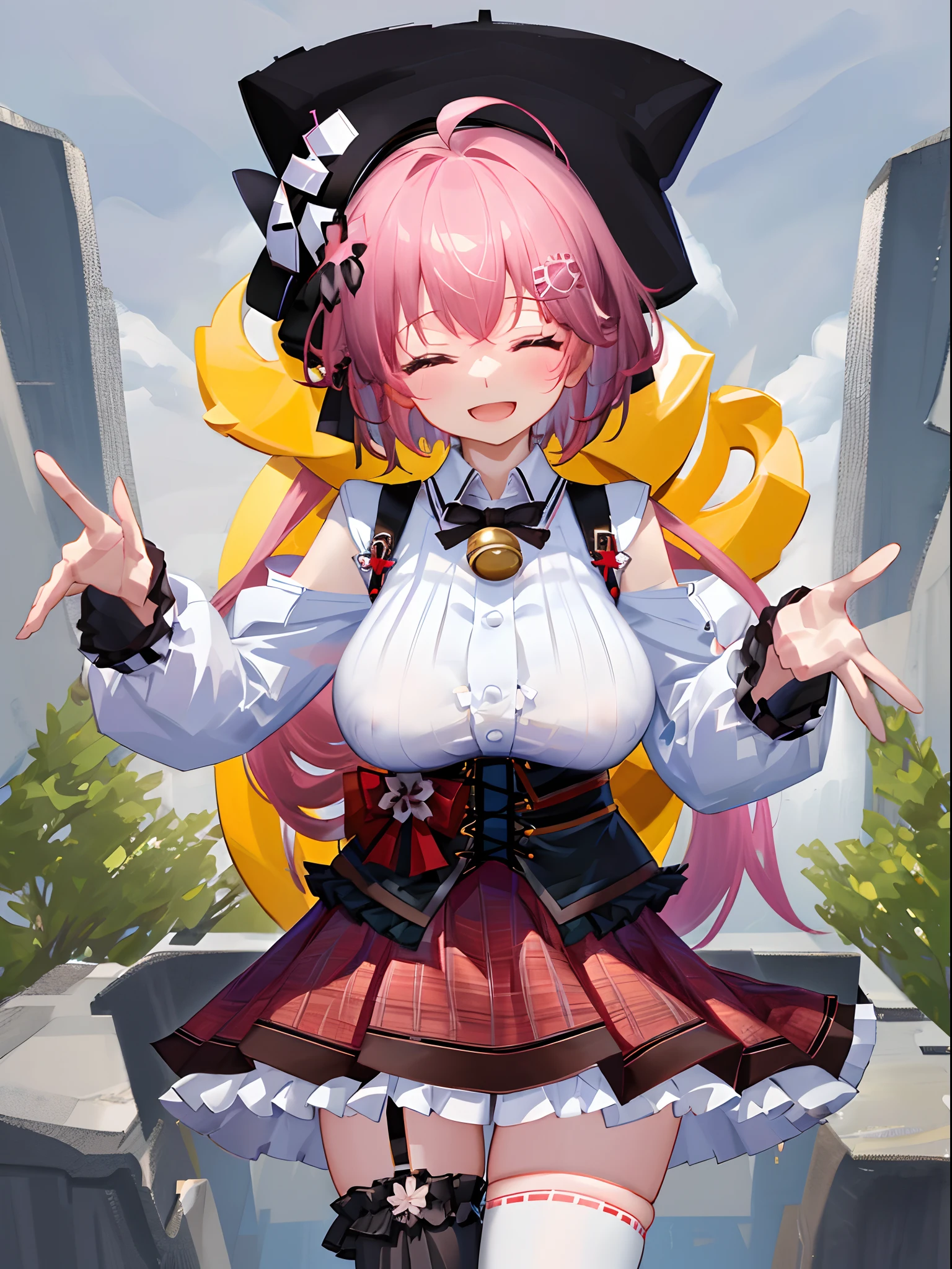 masutepiece, Best_Quality, hight_resolution, miko3,Ponytail, 1girl, Ahoge, black headwear, Hair Ornament, White shirt, black thighhighs, Pink hair, Red_skirt, (very_short_skirt:1.5), plaid skirts, garter_strap, Collared shirt, hair clips, frilld, Bangs, hair between eye, frills skirt, beret, Pleated skirt, Hair Flower, Neck bell, , puffy long sleeves, Black bow, Underbust, Cowboy Shot,Smile, (gigantic_breasts:1.3),(covered_nipples:1.3), covered_pussy,(closed_eyes:1.3), (happy:1.5), childlike_posing,spread_legs,(smile:1.4),plump,open_mouth, (open_clothes:1.2),cleavage,(Panty_shot:1.3),(apart_legs:1.3)