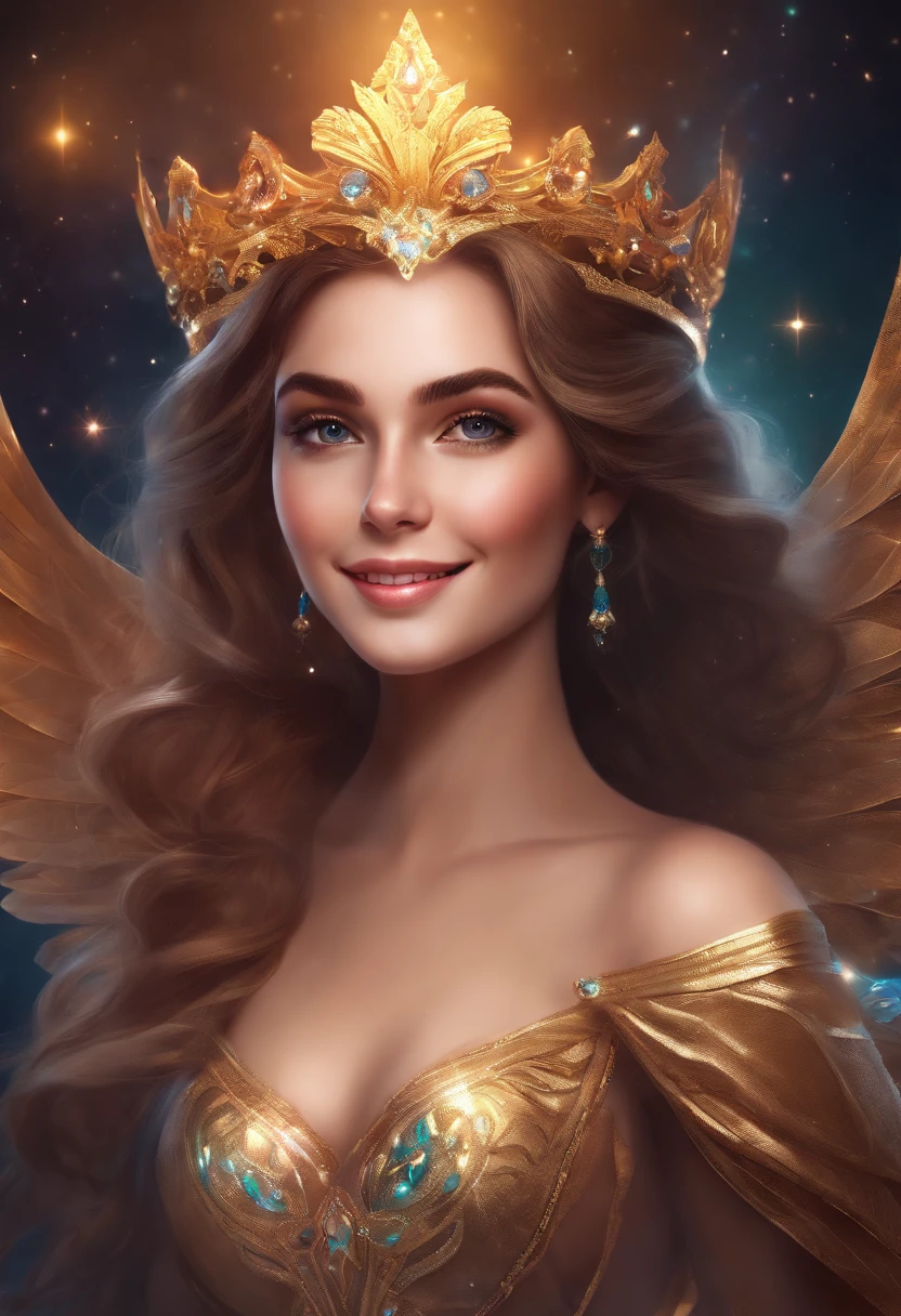 girl, smiling, prefect fit crown, beautiful face, smiling, small smile, cosmic woman , princess, beautiful wings, magical power, beauty girl, perfect breast