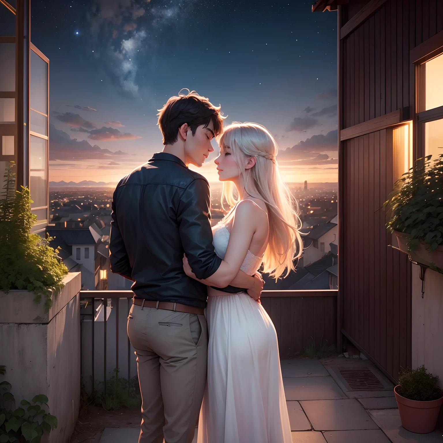 Create a poignant and emotionally resonant digital illustration of a long-distance relationship. Visualize a couple deeply in love, one situated in a bustling cityscape at night, and the other in a serene countryside setting at sunset. Between them, depict a vast expanse of ocean, mountains, and stars. On the city side, show the person standing on a rooftop overlooking a city skyline, gazing at the stars in the sky, while on the countryside side, portray their partner standing amidst fields, looking toward the same night sky. Emphasize the longing and connection between them through subtle elements like a glowing heart-shaped constellation in the sky that aligns when they look up, symbolizing their love bridging the distance."