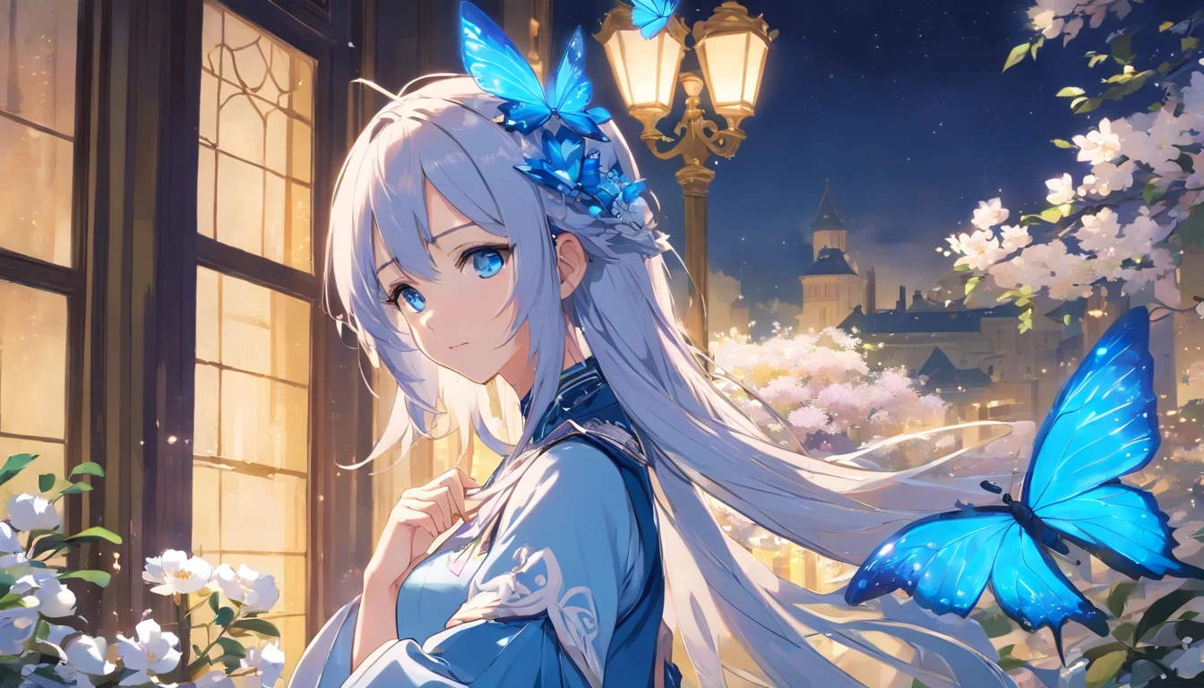 straight on, 1girll, (Fantasy:1.4), (azure blue eyes:1.233),Her eyes shone like dreamy stars,(Glowing eyes:1.233),(Beautiful and detailed eyes:1.1),(Silver hair:1.14),(hair messy,Very long hair,french braids,hair between eye,side locks), (+(bule hair flower:1.14)),(Chiffon dress,bule flower pattern in uniform)/=(Army Suit:1.24),(Detached sleeves,Wide sleeves),(Fingerless gloves),choker necklace,(miko thighhighs),high heels boots,(deadpan,Closed mouth),(Standing), (classical Princess boudoir with dressing tableand french windowin a white ancient palaces),(white blossoms,full bloom),(abyssal),(flowingwater),(a dull blue world tree:1.14),(burst),(Night:1.2),Dreamy,souls,(fluorescent),(flying translucent blue butterflies:1.15), [[Delicate fingers and hands:0.55]::0.85],(Detail fingers),(yubao:0.5),By Shinkai Makoto,Your name is a depiction of a meteorite,Circle of Angels