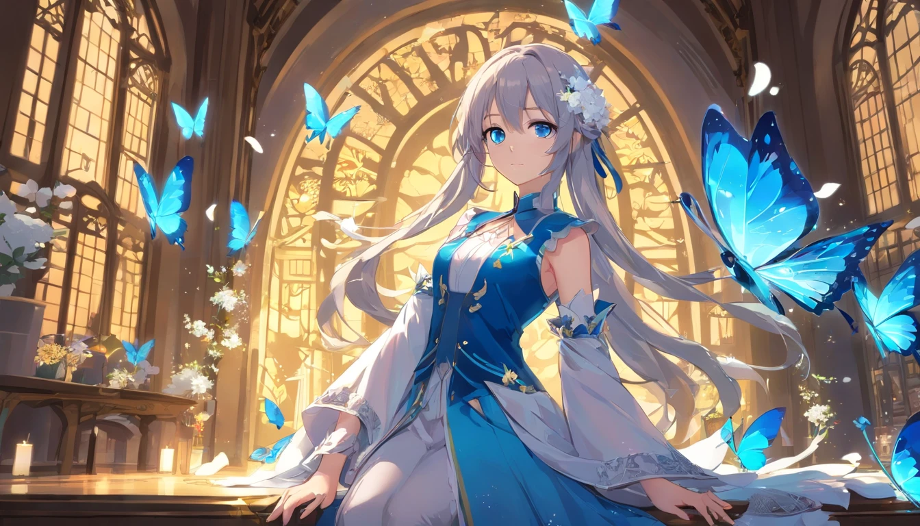 straight on, 1girll, (Fantasy:1.4), (azure blue eyes:1.233),Her eyes shone like dreamy stars,(Glowing eyes:1.233),(Beautiful and detailed eyes:1.1),(Silver hair:1.14),(hair messy,Very long hair,french braids,hair between eye,side locks), (+(bule hair flower:1.14)),(Chiffon dress,bule flower pattern in uniform)/=(Army Suit:1.24),(Detached sleeves,Wide sleeves),(Fingerless gloves),choker necklace,(miko thighhighs),high heels boots,(deadpan,Closed mouth),(Standing), (classical Princess boudoir with dressing tableand french windowin a white ancient palaces),(white blossoms,full bloom),(abyssal),(flowingwater),(a dull blue world tree:1.14),(burst),(Night:1.2),Dreamy,souls,(fluorescent),(flying translucent blue butterflies:1.15), [[Delicate fingers and hands:0.55]::0.85],(Detail fingers),(yubao:0.5),By Shinkai Makoto,Your name is a depiction of a meteorite,Circle of Angels