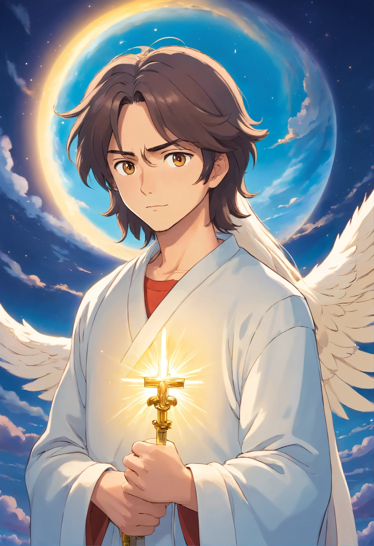 Describe an illustration of Jesus as an anime character. He has long, straight hair that flows smoothly down to his shoulders. His eyes are bright and gentle, with a touch of sadness in them. He is dressed in a simple white robe with golden details that make him look celestial. In one hand, he holds a pastoral staff, while the other rests softly on his chest, with a serene and compassionate gaze. His face emits an aura of peace and love, and he is surrounded by a soft golden light aura that radiates kindness and compassion to all around him. Behind him, there is a celestial backdrop with soft clouds and a gentle glow, as if he is in paradise. His presence exudes a sense of tranquility and hope for those who contemplate him.