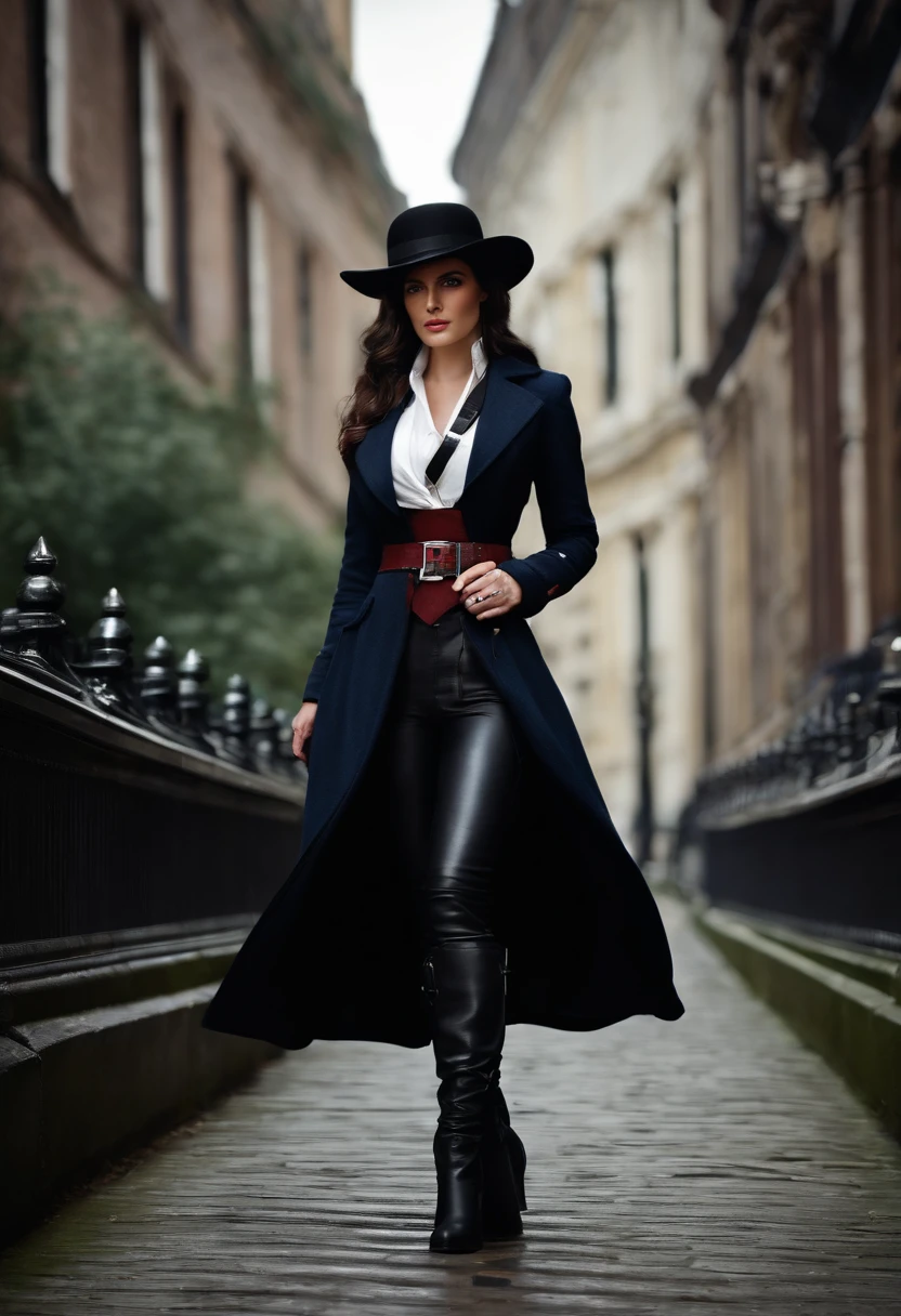 full body British women, blue eyes, black hair, wear a classic black round hat, white shirt, dark vest, dark long jacket, a belt with silver buckle, dark leather trousers, black boot, she bring a leather bag in her left hand, she is serious woman with big ambition, she live in British industrial era, she is not from rich family, maybe she is like evie frye from assassin creed syndicate