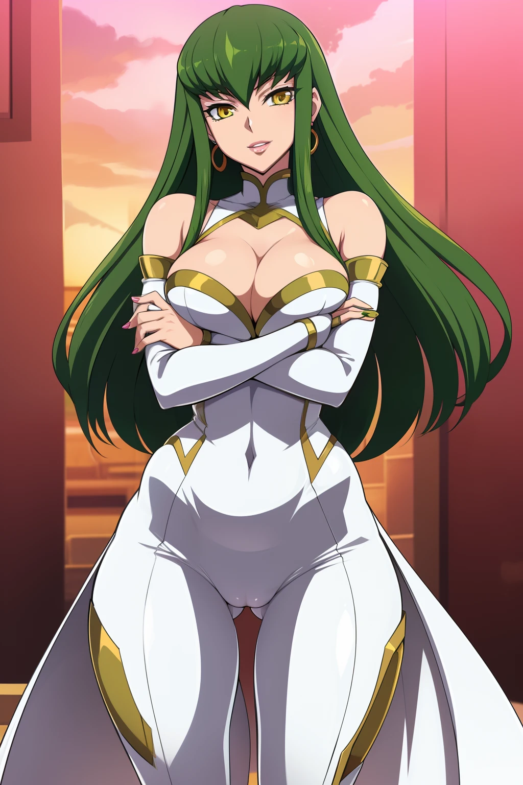 Code Geass, C.C, 1girl, (((bimbo))), long green hair, yellow eyes, ear rings, puffy lips, painted lips, thick lips, wide hips, thick thighs, small round breast, huge ass, revealing cleavage, erotic, Smile face, bubble butt, camel toe, Breasts, white suit, crossed arms, posing,