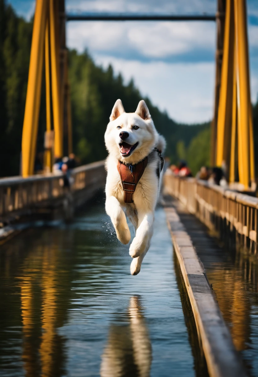 Siberian Husky dog bungee jumping of the bridge, realistic, summer, lake