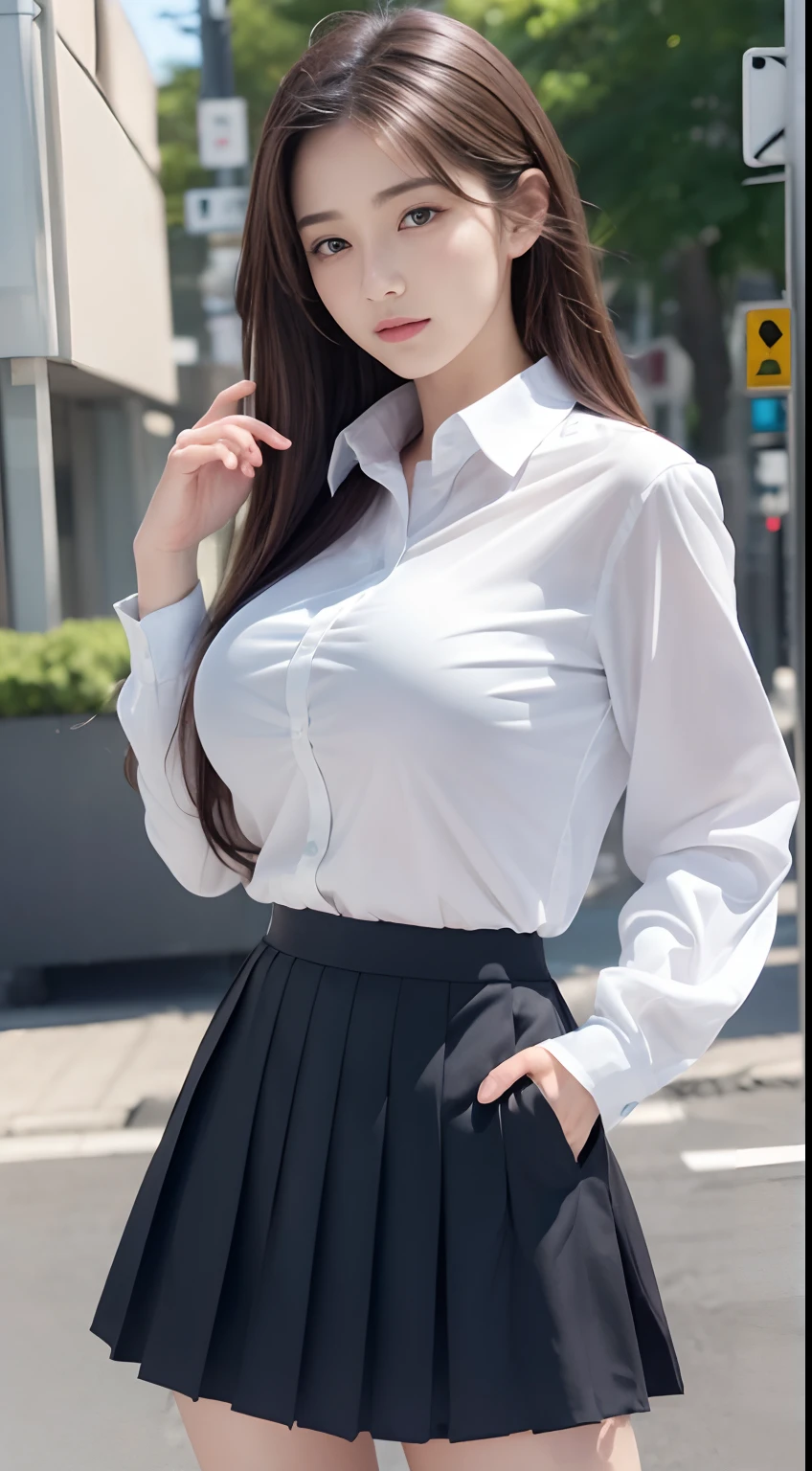 (A hyper-realistic), (illustratio), (hight resolution), (8K), (A highly detailed), (The best illustrations), (Beautiful detailed eyes), (top-quality), (Very detailed), (masterpiece), campus,University, (Detailed face), Solo, 1 girl, White wavy hair, large full breasts, Plump buttocks、Long leg, Firm abs,Pleated skirt,Button shirt with wet collar,20 years old,,Street,Looking back,Skirt blowing in the wind,(((Pose with your hands on your skirt、lift up one's skirt))),(((Detailed hand、Detailed finger)))((()))