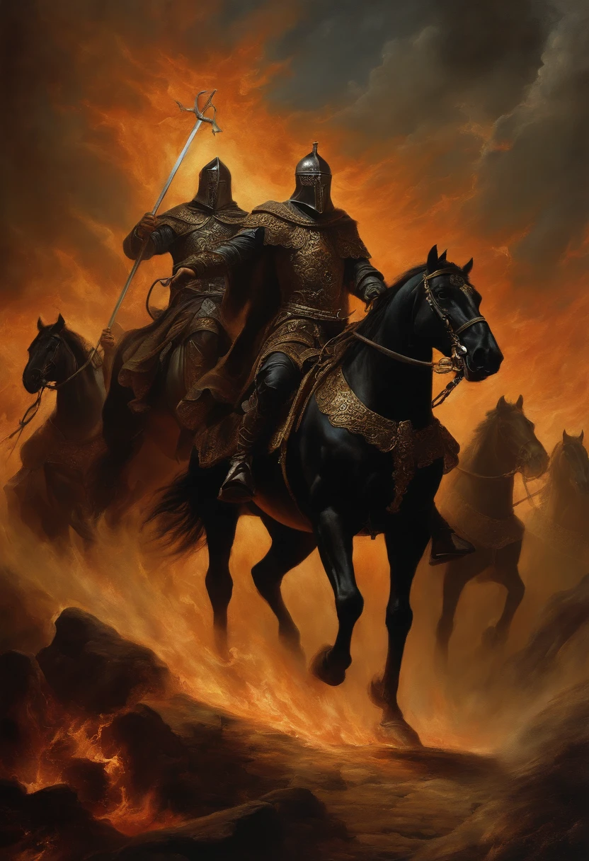 oil painting of the four horsemen of apocalypse, in a dark theme, with a fifth horseman based on sancho panca from don quixote, leading the raid