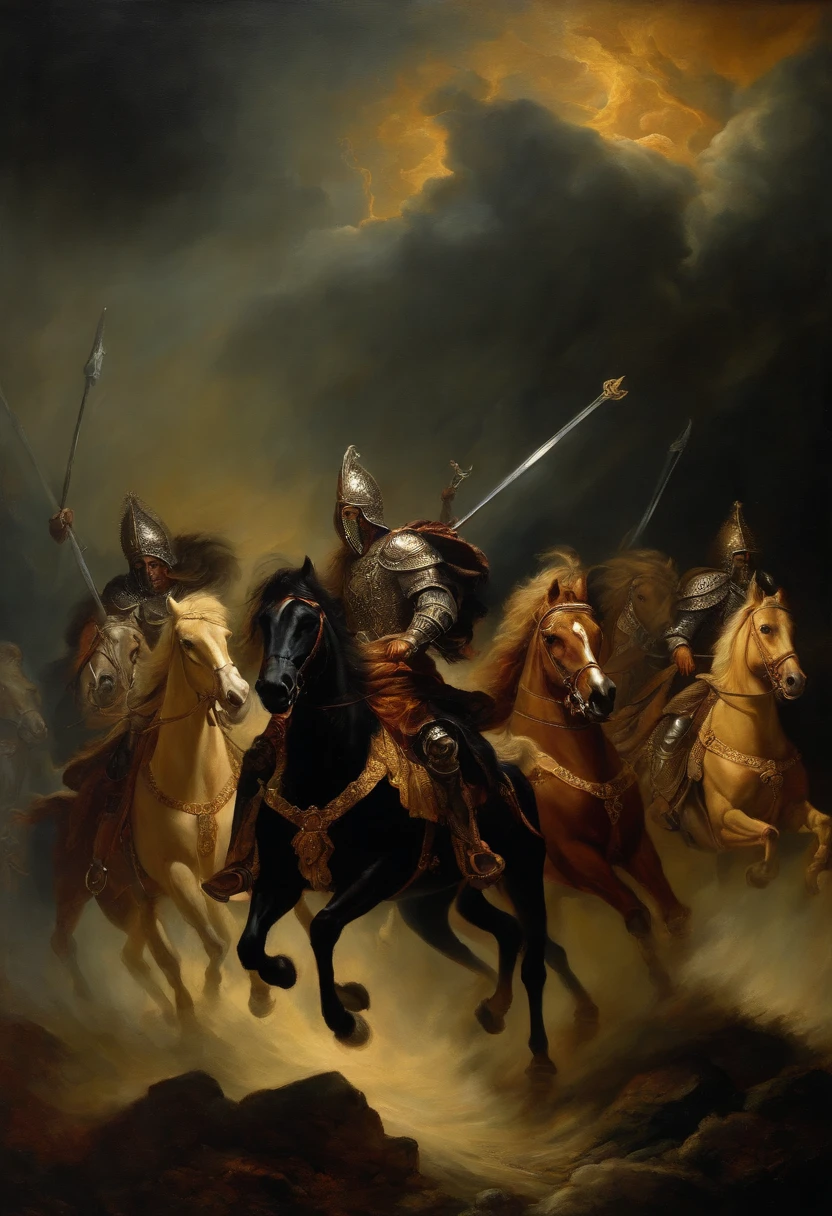 Fours knights riding mechanical lions into battle. They look formidable but fight for good. They carry a flag that says “SID”
