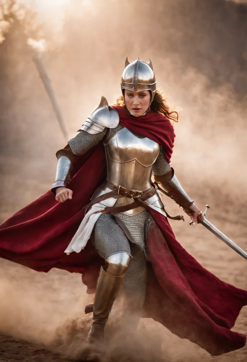 An epic action shot of the royal knight girl in battle, showcasing her agility and skill. Shot with a Canon EOS-1D X Mark III DSLR camera and a Canon EF 24-70mm f/2.8L II USM lens. The image should freeze the knight in mid-air, capturing the dynamic movement of her sword swinging through the air. The lighting should be dramatic, with strong shadows and highlights to create a sense of high energy. The color palette should be bold and vibrant, with contrasting reds and blues to represent the clash of battle. The composition should be dynamic, capturing the knight in a dynamic pose, creating a sense of anticipation and excitement. Hyper-realism, highly detailed, and high-resolution 16k, naked woman