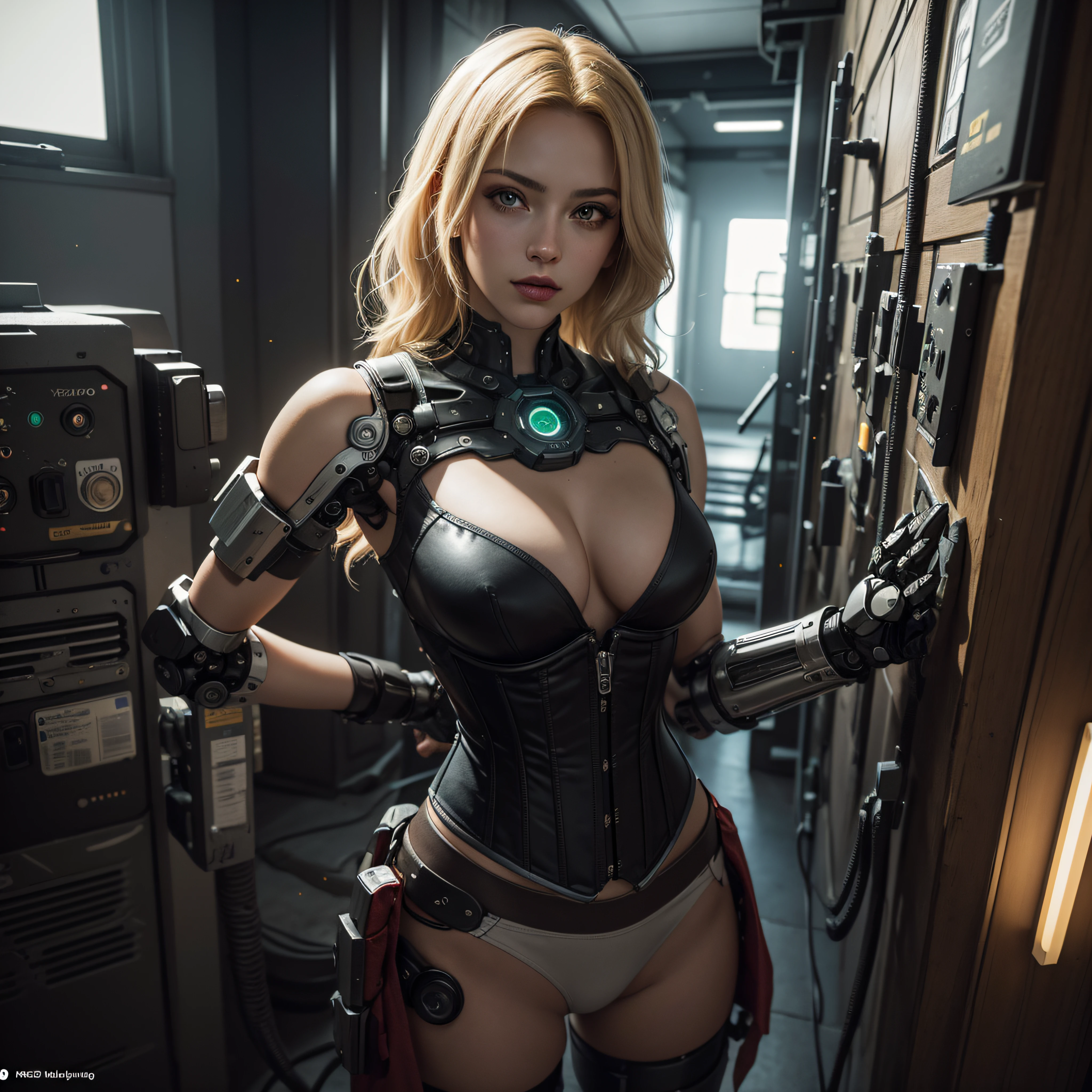 ((calidad superior)), ((obra maestra)), ((realista)), (Los detalles), (fotorrealista:1.5), puppet, marioneta de nadera humanoides tendidos en un piso de concreto, Science-Fiction, HDR, Trazado de rayos, NVIDIA RTX, Los ultra-Highres, Irreal 5, Sub-Surface Scatterring, PBR texturizado, Post-procesamiento, Anisotropic filtering, Profundidad de campos, maximum sharpness and sharpness, Regla de los tercios、8K RAW、(Luminescent Particles:1.4)、(super-detailed CG、Unidad 8k Fondos de pantalla、lighting like a movie、destello de lente、foco nítido. Blonde girl with corset, Robotic Parts, Cannons, Armas, pistola, Arte cyberpunk、arquitectura cyberpunk