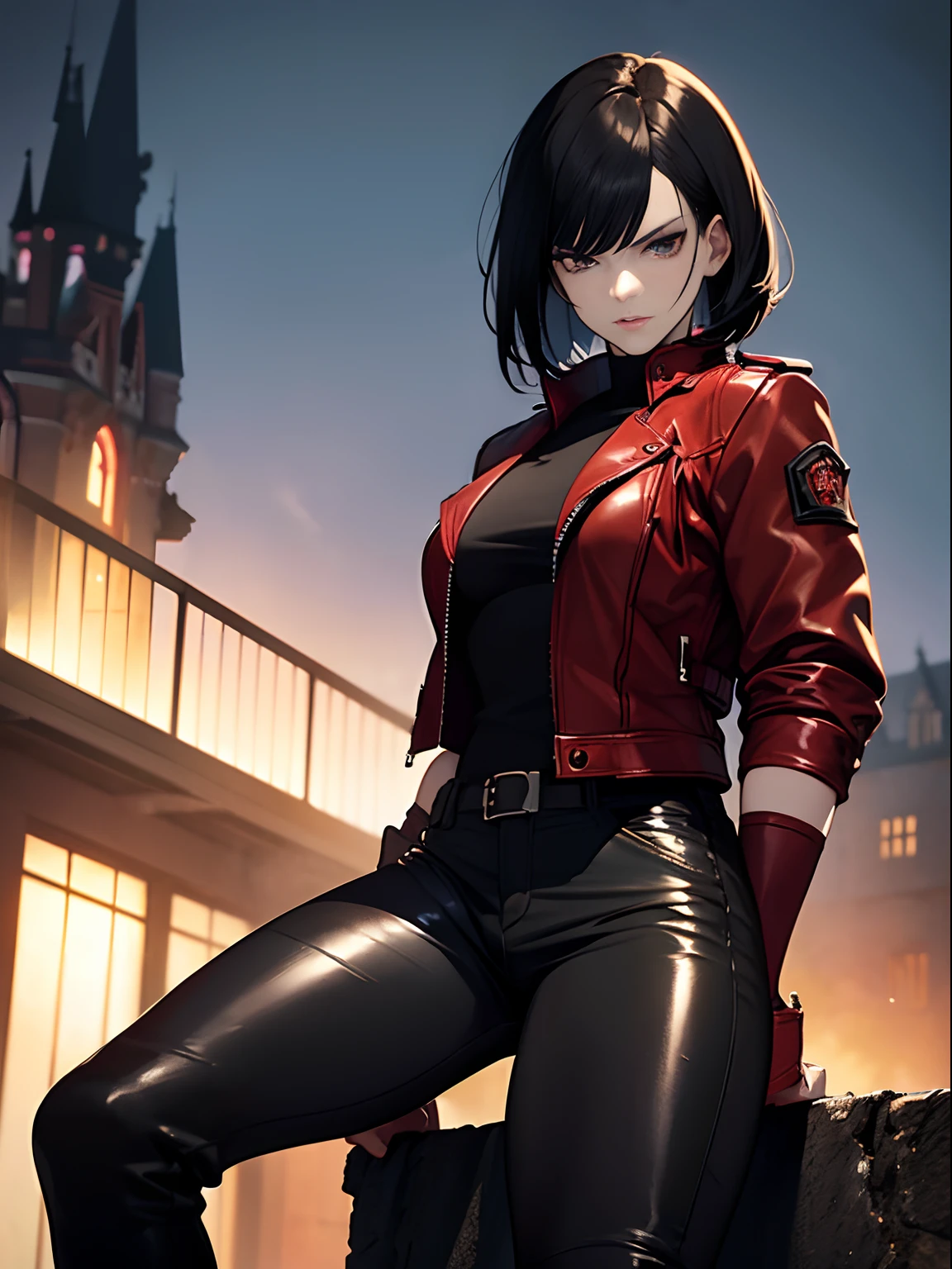 (Masterpiece), Anime Style, Image of a Gorgeous 25 Years Old British Female Vampire Mercenary with Athletic Body, (Shoulder-level Bob Black Hair), (One Person), (Red Leather Jacket and Black Tight Pants:1.4), (Pale Skin:1.4), (Serious Face), Deep Cleavage, (Dynamic Pose:1.4), (Dark Castle at Night:1.4), Centered, (Full Body Shot), (From Front Shot), Insane Details, Intricate Face Detail, Intricate Hand Details