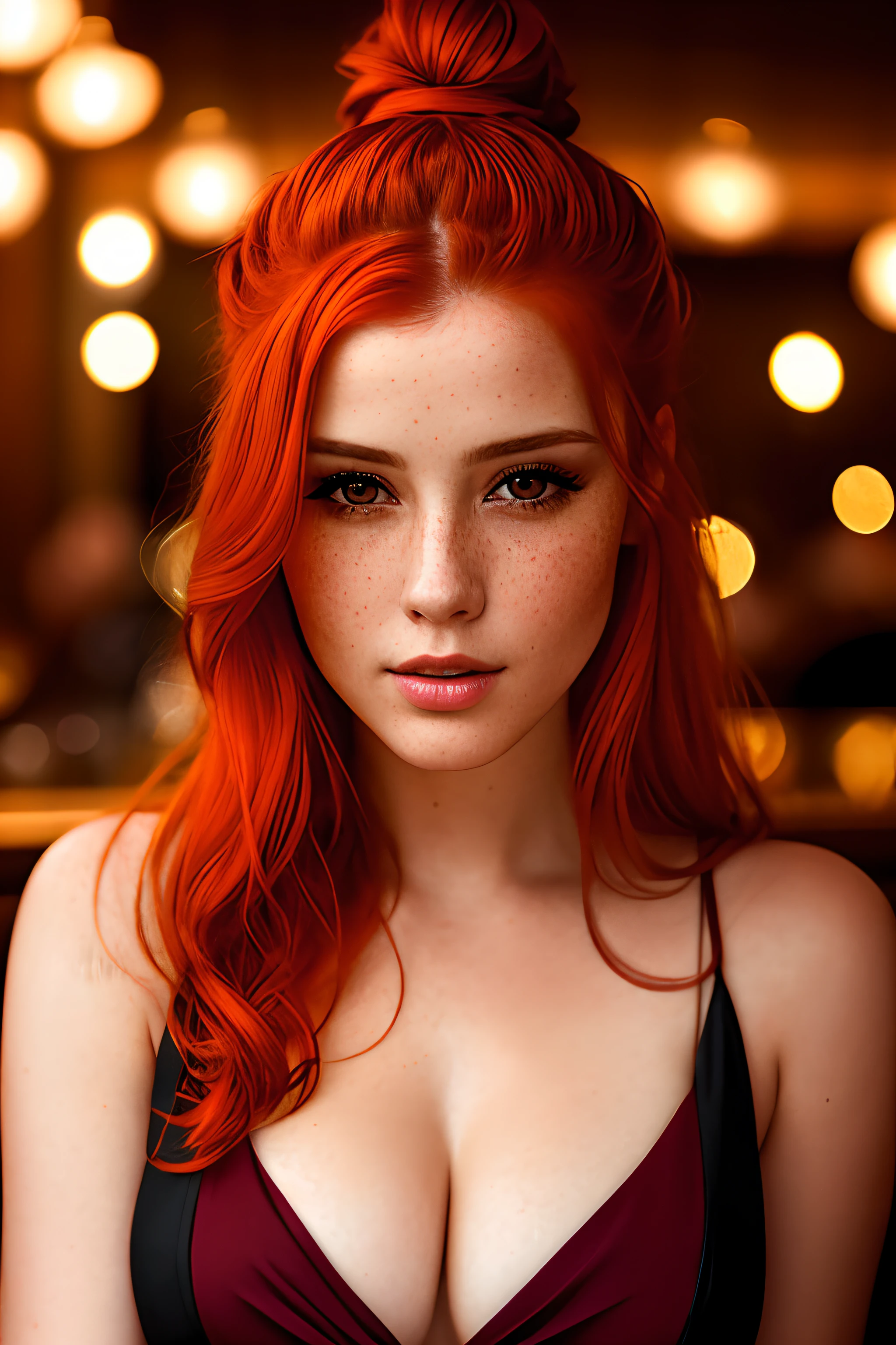 portrait photo of LenkaRegalova beautiful woman, red hair,  topknot, nightclub sitting at bar (masterpiece) (best quality) (detailed) (8k) (HDR) (wallpaper) (cinematic lighting) (sharp focus) (intricate)