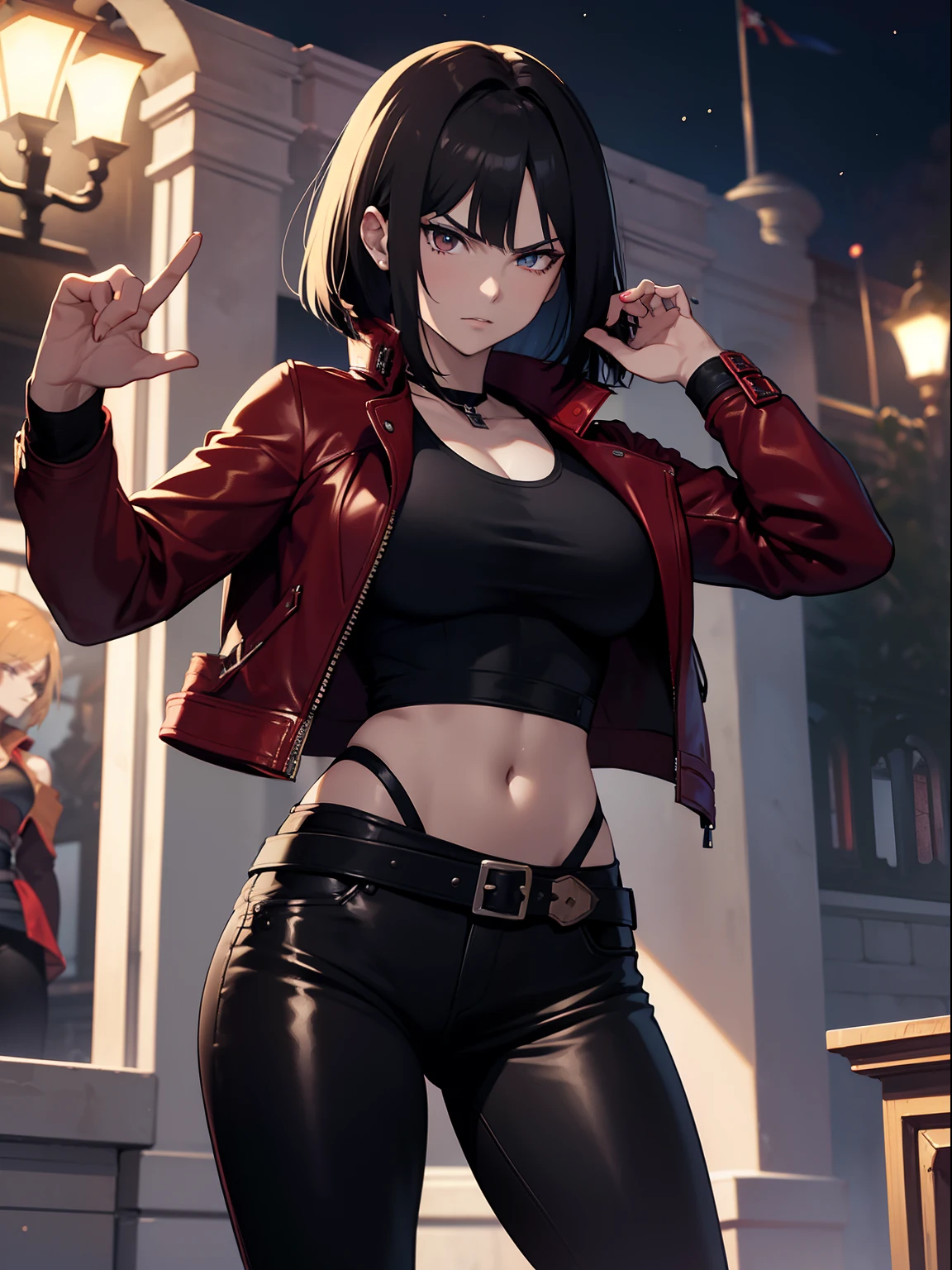 (Masterpiece), Anime Style, Image of a Gorgeous 25 Years Old British Female Vampire Mercenary with Athletic Body, (Shoulder-level Bob Black Hair), (One Person), (Red Leather Jacket, Black Tanktop, and Black Tight Pants:1.4), (Pale Skin:1.4), (Serious Face), Deep Cleavage, (Dynamic Pose:1.4), (Dark Castle at Night:1.4), Centered, (Waist-up Shot:1.4), (From Front Shot), Insane Details, Intricate Face Detail, Intricate Hand Details