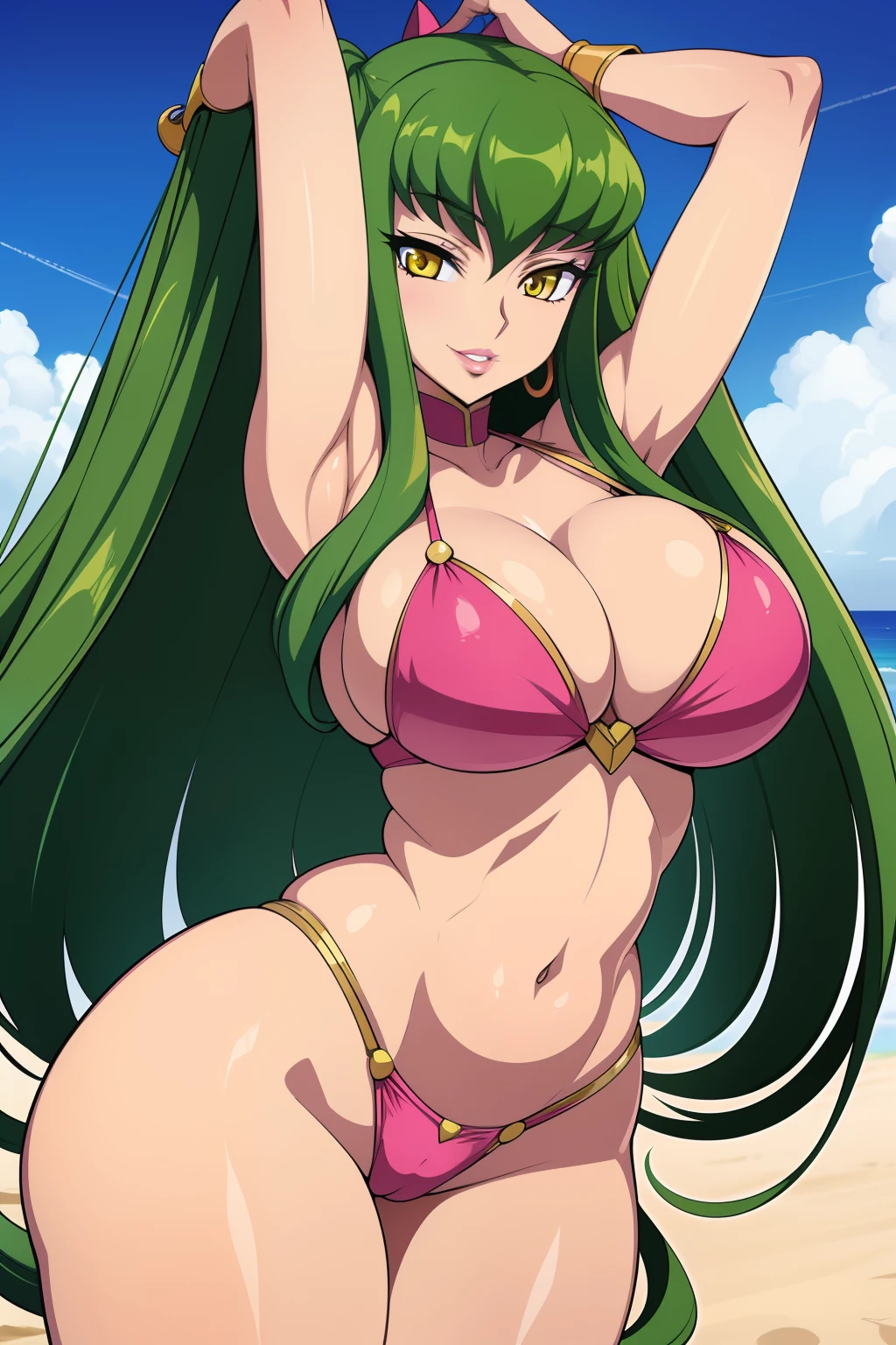 Code Geass, C.C, 1girl, (((bimbo))), long green hair, yellow eyes, ear rings, puffy lips, painted lips, thick lips, wide hips, thick thighs, small round breast, huge ass, revealing cleavage, erotic, Smile face, bubble butt, camel toe, Breasts, pink bikini, arms up, on the beach,