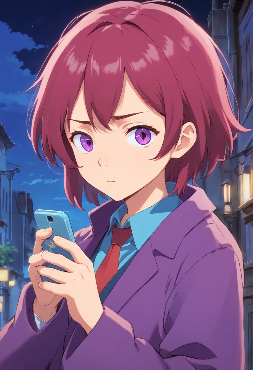 Anime boy looking at his phone,The background is blank, style of anime4 K, mamoru hosoda, kentaro miura art style, author:New Art, inspired by Shingei,Holding the phone in his left hand,A confused look,Open-mouthed,brunette color hair,Red eyes,Standing,Purple coat,Blue shirt