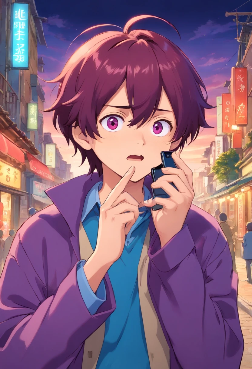 Anime boy looking at his phone,The background is blank, style of anime4 K, mamoru hosoda, kentaro miura art style, author:New Art, inspired by Shingei,Holding the phone in his left hand,A confused look,Open-mouthed,brunette color hair,Red eyes,Standing,Purple coat,Blue shirt