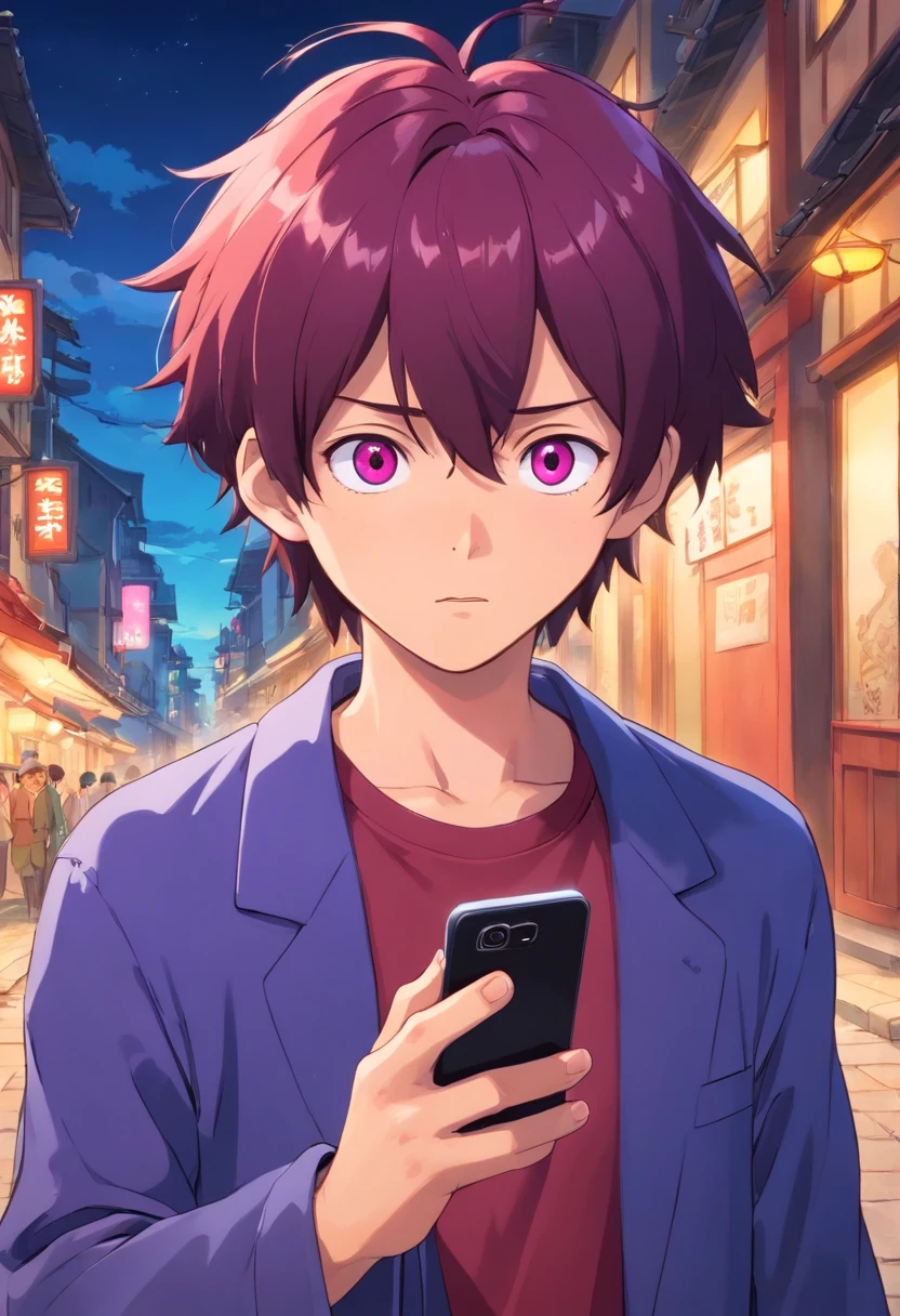 Anime boy looking at his phone,The background is blank, style of anime4 K, mamoru hosoda, kentaro miura art style, author:New Art, inspired by Shingei,Holding the phone in his left hand,A confused look,Open-mouthed,brunette color hair,Red eyes,Standing,Purple coat,Blue shirt