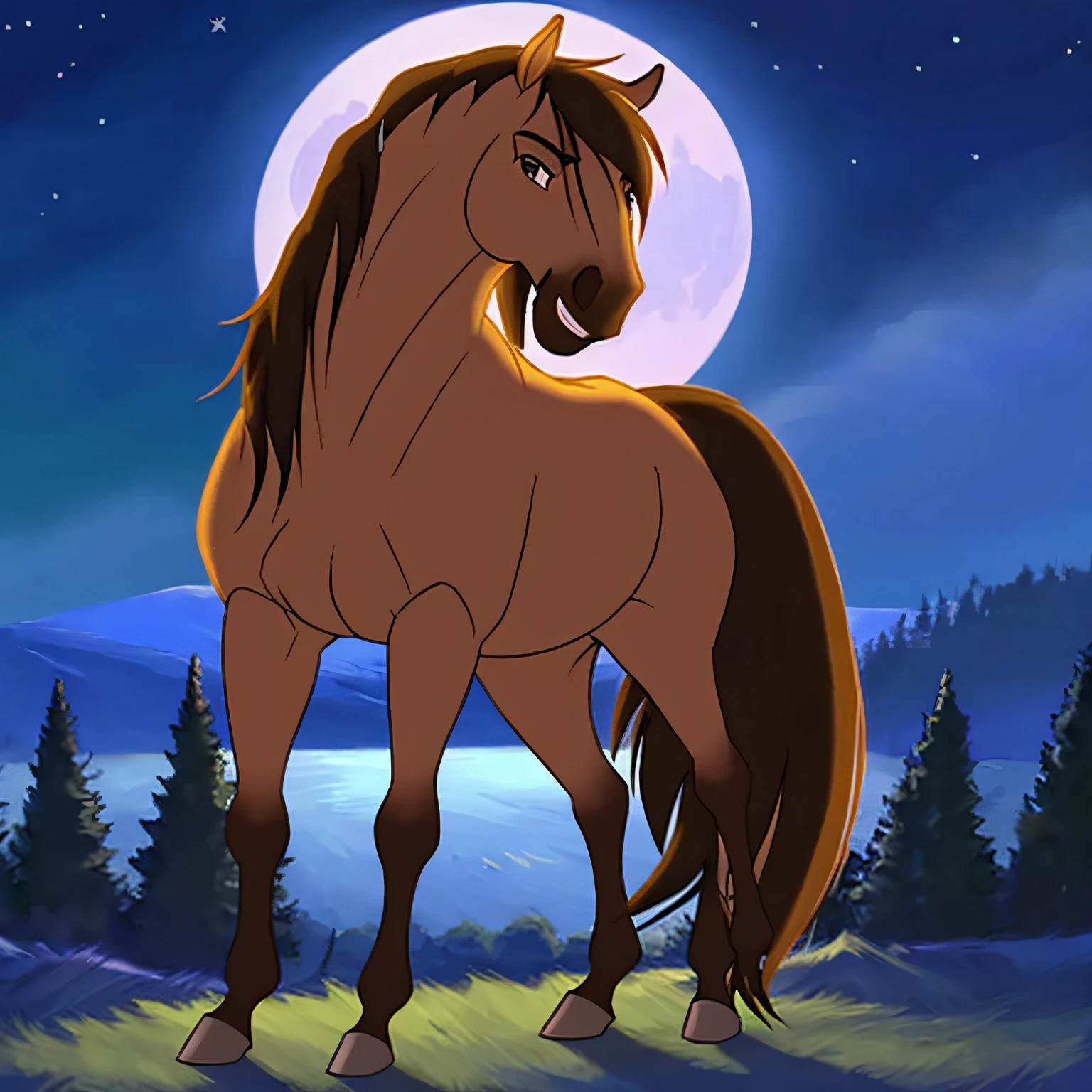 Spirit_from_spirit2002, a beautiful horse stands against the starry sky, a big moon, a lush mane, a starry sky, blue mountains, one horse, one head, four legs