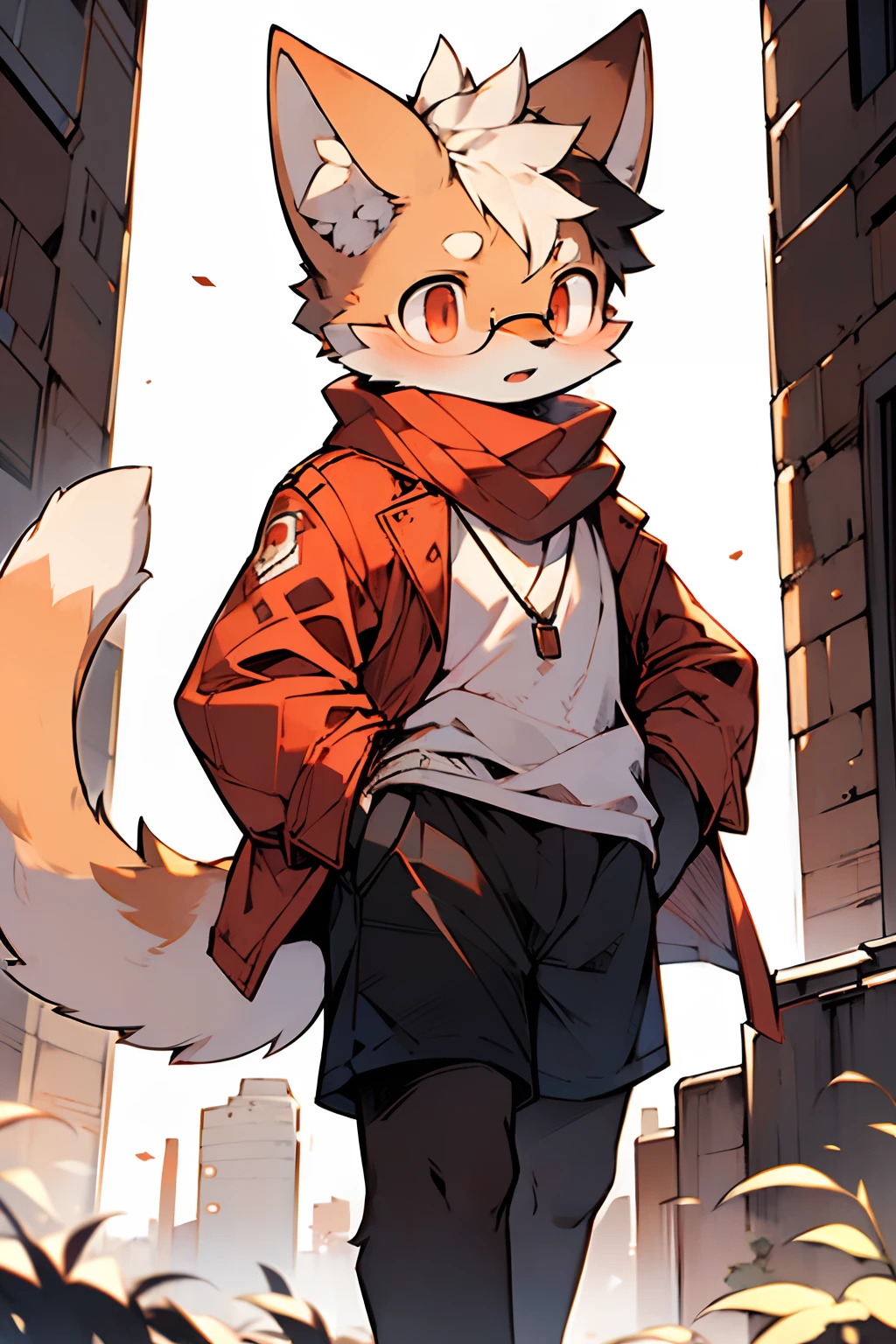 London in the twentieth century,Orange cat,Run alone,Light orange fur,Wear a white shirt,Black shorts,Brown worn-out coat,Red scarf shirt,Red eyes,wearing black glasses,Handsome(A masterpiece)(high qulity)(Clear structure)(Clear lines)(Background of extreme detail)(extremelydetailedcharacter)