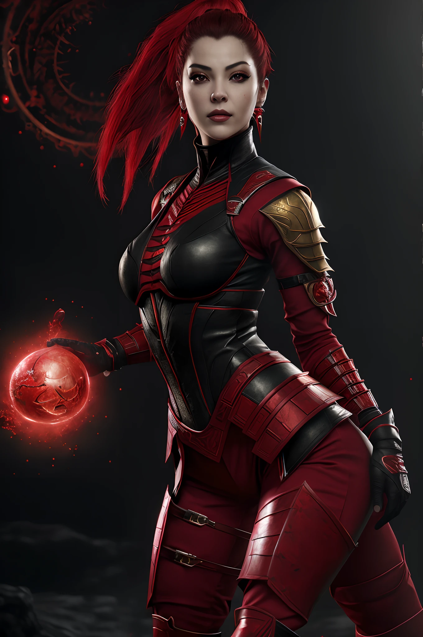(masterpiece, top quality, best quality, official art, beautiful and aesthetic:1.2), (1girl:1.3), (fractal art:1.3), solo, skarlet  from mortal kombat, skarlet mk11, skarlet mk9, Mortal Kombat video game, black headband, long hair, huge breasts,big butt, slim sexy legs, beautiful faces, red face mask, american lady, red ninja uniform for lady, black gloves, red bllody hair, red long socks, long red footwear, a ball of blood floating from hand , large breasts,sexy ninjared  uniform , earrings, looking at viewer, upper body, fighting stance, in of her background Mortal kombat logo,