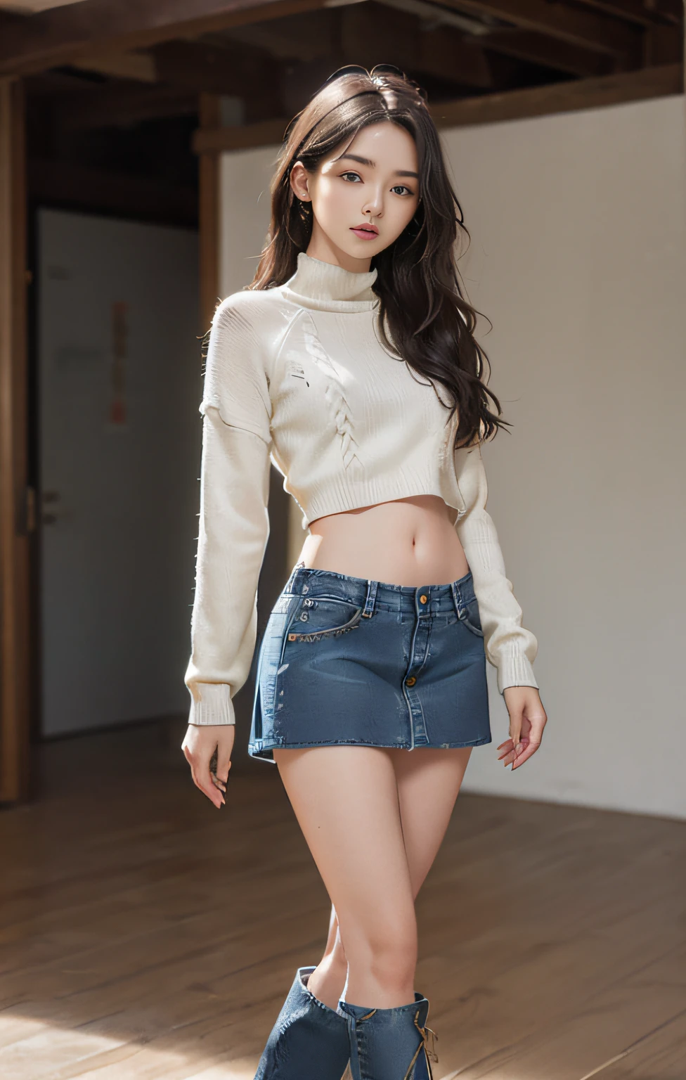 ((masuter piece:1.3)、(8K、Photorealsitic、Raw photography、top-quality: 1.4)、(1girl in)、Beautiful expression、(Lifelike face)、(A dark-haired、long)、 Beautiful hairstyle、realisticeyes、Beautiful details、(real looking skin)、Beautiful skins、absurderes、enticing、超A high resolution、A hyper-realistic、high-detail、the golden ratio、 ((wide open abdomen))、((open abdomen))、((wide open navel))、((open navel))、((Bare belly))、((Mid-Riff Sweater))、((Ultra-low rise、Denim Mini Skirt))、 ((Navel Ejection))、((small hips))、((long limbs))、((Full body depiction))、((small hip))、(long boots)、((Ultra-low rise))、((Denim Mini Skirt))、((is standing))、