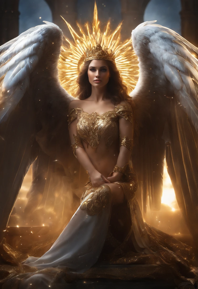 Cosmic Fallen Angel, Ojos claros y brillantes, biomech, misterioso, horripilante, Pesadilla, colores muy brillantes, light particles, con luz brillante, Mshiff, Arte de papel pintado, Fondo de pantalla UHD, best quality, masterpiece, highres, photo realistic, ultra realistic, sun tyndall effect,photorealistic, dark studio, rim lighting, tone lighting,(high detailed skin:), 8k uhd, dslr, soft lighting, high quality, volumetric lighting, candid, photograph, high resolution, 4k, 8k, bokeh, ultra realistic 8k cg, (epic:, perfect artwork, masterpiece, ancient dynasty, medieval, fantasy), (((detailed background))), 20yo queen muscular fresh model , shredded,(A stunning God-like beauty), (striking facial features, detailed hair) dynamic angle, (((throne room))), amazing stunningly beautiful, sitting on throne, wavy shiny hair, golden wet skin shining, full body portrait, glamour, perfect soft curves, perfect body, perfect boobs, full wet lips, ultra realistic, sun