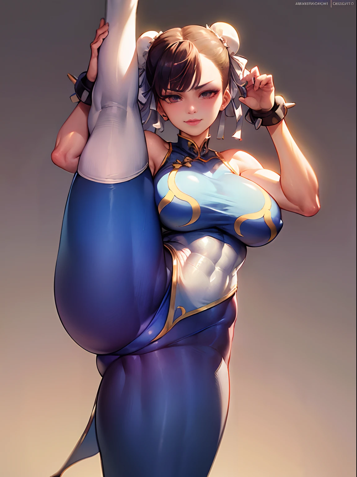 (masterpiece, best quality:1.4), (standing on one leg:1.2), (standing split:1.3), 1girl, solo, chun, blue vest, unitard, blue pants, skintight, yellow ribbon, short hair, sneakers, bare shoulders, looking at viewer, beautifull smile, beautiful face, highly detailed face, highly detailed eyes, subsurface scattering, realistic pupils, full face blush, full lips, detailed background, depth of field, volumetric lighting, sharp focus, absurdres, realistic proportions, 16k hdr, fullbody, hand holding one leg up, street fighter, musclar, abs, flexible, dojo, street fighter Chun-Li, perfect anatomy, toned, musclar legs, detailed legs, detailed body