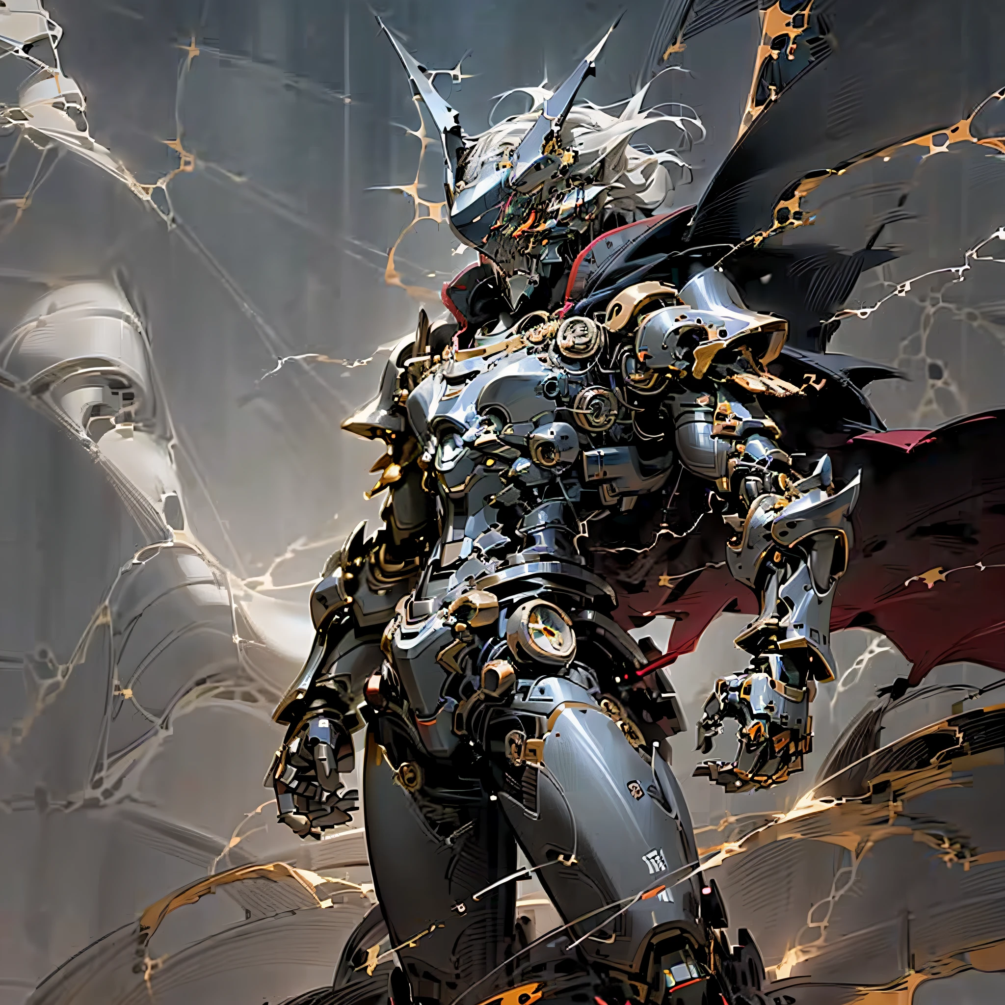 (Masterpiece, Best quality:1.2),Male,The king of anime,Lord of Shadows, Mechanical body,Lord of the Void,Command the forces of darkness, Pitch-black armor,Red outline, Wearing a tattered black cloak, Mechanical armor, Mechanical Wonder,highest quality digital art, stunning art, Wallpaper 4k,8K,64k, HD, Unbeatable masterpiece, Dynamic lighting, Cinematic, Epic