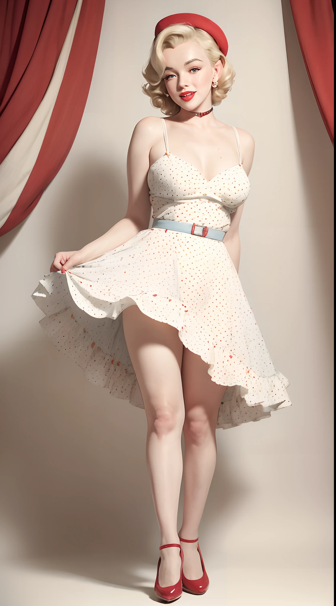 1950s Watercolor, Pen and Ink, 25 yo Marilyn Monroe in retro fashion,full body shot, depiction of rural life, light gray and light brown and red and white and blue, in the style of classical Americana, mottled, playful innocence, dotted, cutout from white background, in the style of Norman Rockwell, masterpiece art work,