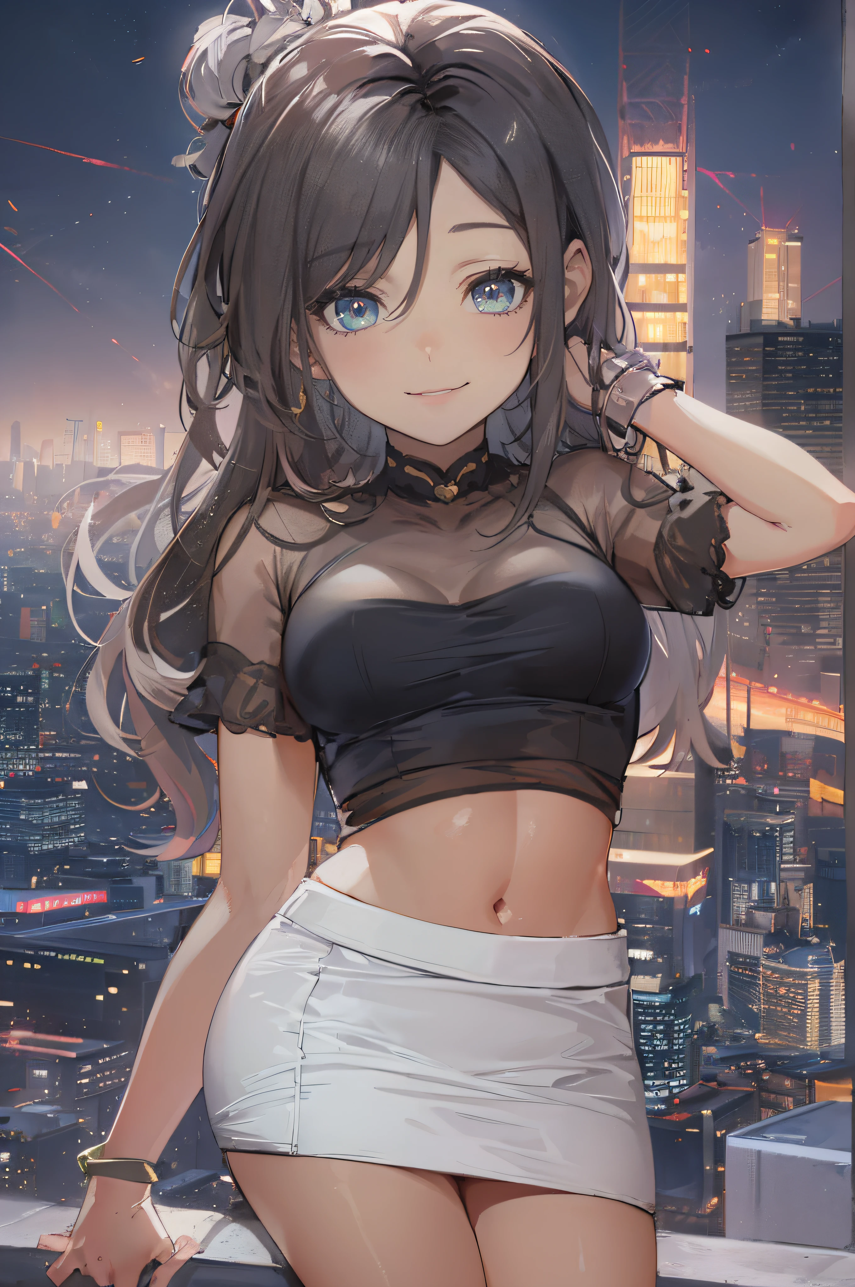 ((A beautiful and cute woman is changing her clothes)), ((A 22-year-old beauty)), ((A shy smile)), ((Long shiny hair)), ((A plump bust)), ((Miniskirt)), ((Blouse)), ((Gradient eyes)), ((The background is a night view of the city)), Attractive makeup, Single view, NFFSW, UHD, Retina, Masterpiece, Accurate, Anatomically, Scientifically Correct, Textured Skin, Super Detail, High Detail, High Quality, Award Winning, Top Quality, High Resolution, 1080P, HD, 4K, 8k, 16k