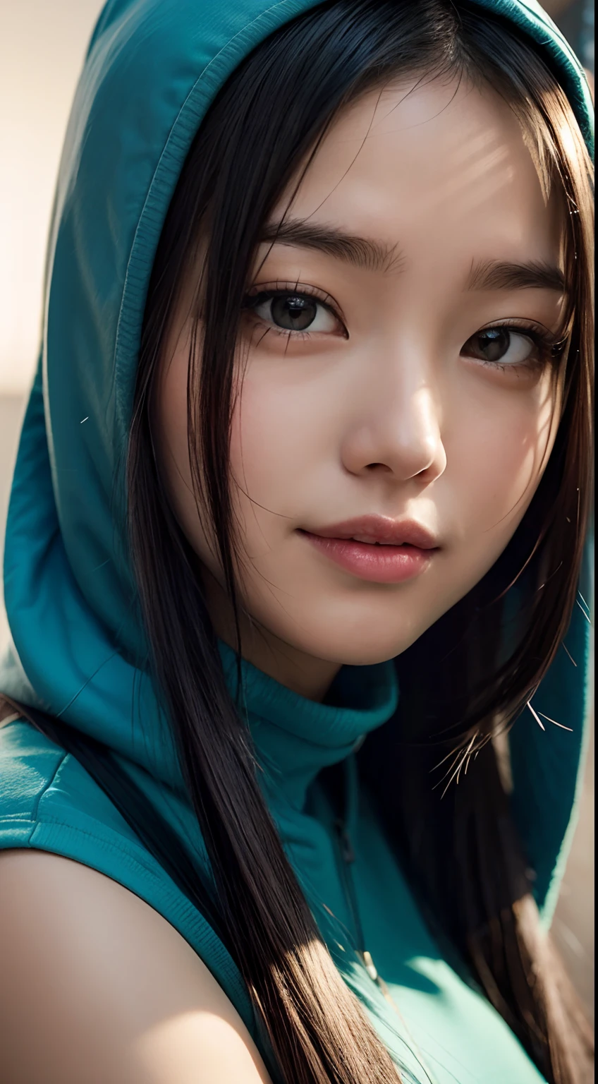 8k, best quality, masterpiece, realistic, ultra detail, photo realistic, hyper realistic, smoother lighting, increase cinematic lighting quality, realistic lighting, backlighting, brightening light, Increase quality, best quality real texture skin, close-up, slender, cute face, smile, beautiful details eyes, 19years old korean, pretty, Drill hair with electric blue color, hood,