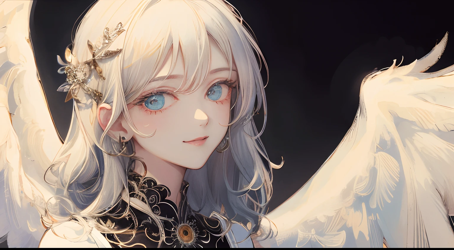 masterpiece: 1.7, top-quality、(Highly detailed CG、ultra-detailliert、Best Shadow:1.1)、独奏、Painterly、sketch、Paper texture、超A high resolution、extra detailed face、flat-colors、extra detailed face、realisitic、limited pallete、Low contrast、angelicales、Black wings、White Dress、a matural female、The best lighting、Beautuful Women、Black hair、Little smile、blanche:1.6、(Zentangle、a Mandala、Tangle、Entangle:1)