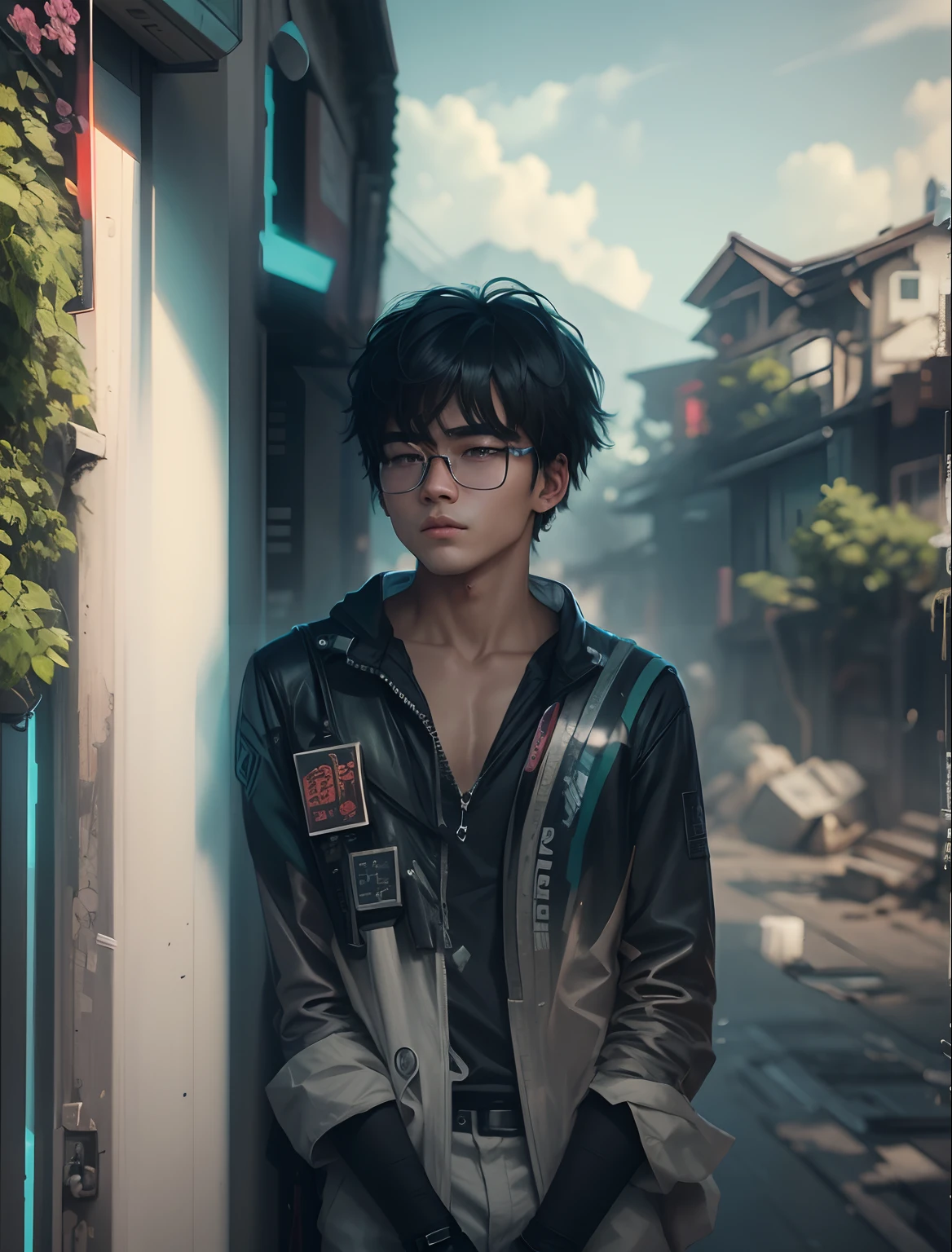 Cheng background handsome boy. Realistic face. Cyberpunk. High quality