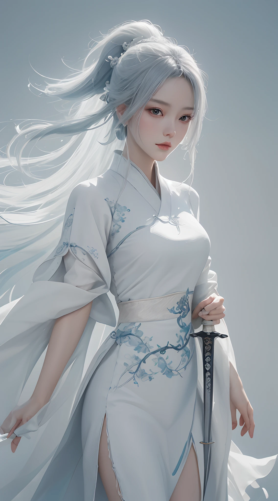 a close up of a woman with a sword in a white dress, a character portrait by Yang J, trending on cgsociety, fantasy art, beautiful character painting, artwork in the style of guweiz, guweiz, white hanfu, flowing white robes, full body wuxia, epic exquisite character art, stunning character art, beautiful female assassin