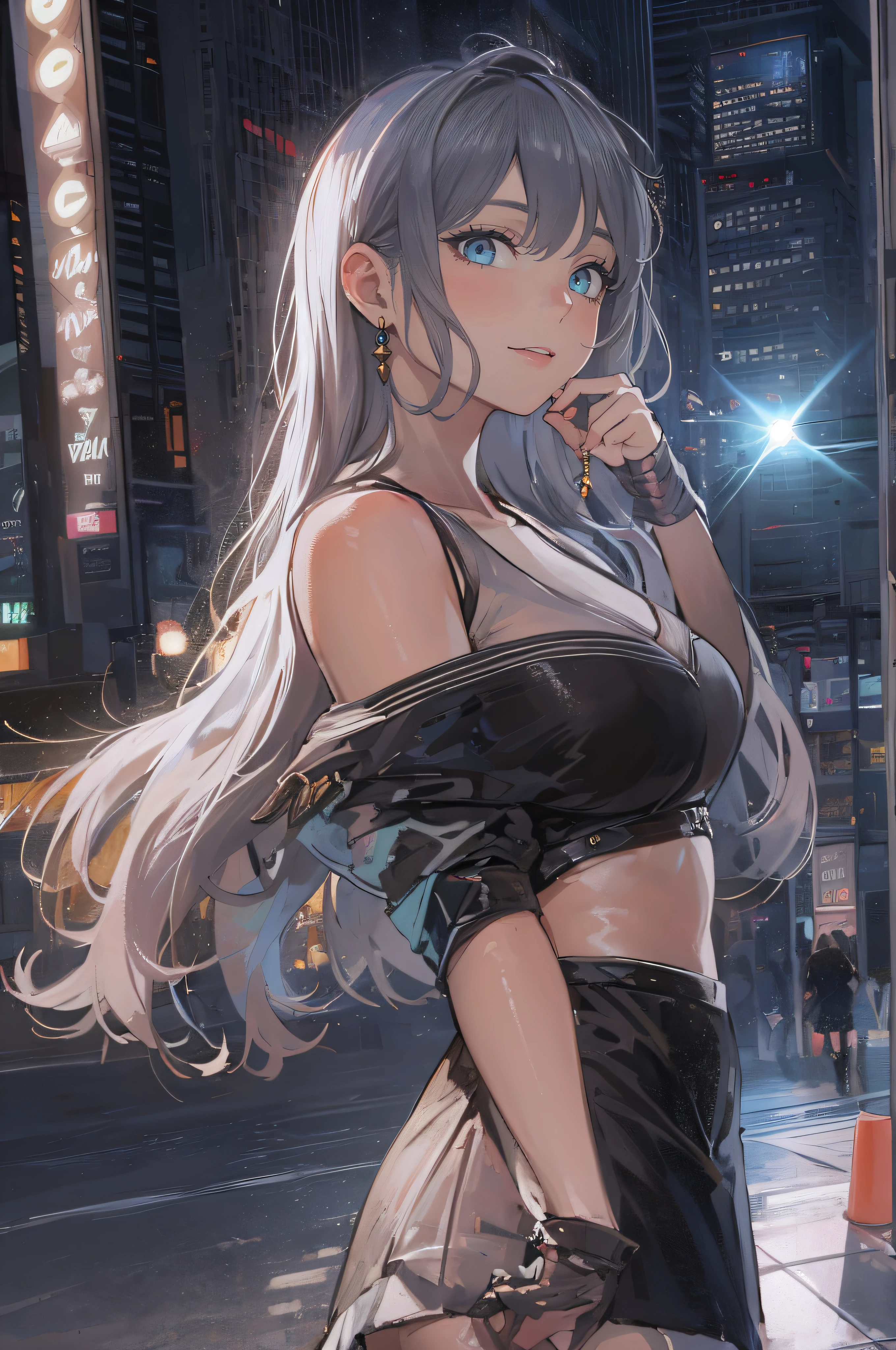 ((A beautiful and cute woman is changing her clothes)), ((A 22-year-old beauty)), ((A shy smile)), ((Long shiny hair)), ((A plump bust)), ((Miniskirt)), ((Blouse)), ((Gradient eyes)), ((The background is a night view of the city)), Attractive makeup, Single view, NFFSW, UHD, Retina, Masterpiece, Accurate, Anatomically, Scientifically Correct, Textured Skin, Super Detail, High Detail, High Quality, Award Winning, Top Quality, High Resolution, 1080P, HD, 4K, 8k, 16k
