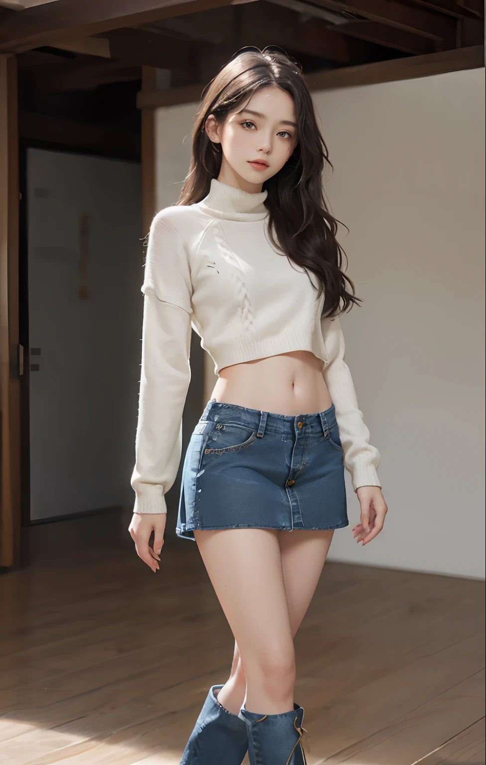((masuter piece:1.3)、(8K、Photorealsitic、Raw photography、top-quality: 1.4)、(1girl in)、Beautiful expression、(Lifelike face)、(A dark-haired、long)、 Beautiful hairstyle、realisticeyes、Beautiful details、(real looking skin)、Beautiful skins、absurderes、enticing、超A high resolution、A hyper-realistic、high-detail、the golden ratio、 ((wide open abdomen))、((open abdomen))、((wide open navel))、((open navel))、((Bare belly))、((Mid-Riff Sweater))、((Ultra-low rise、Denim Mini Skirt))、 ((Navel Ejection))、((small hips))、((long limbs))、((Full body depiction))、((small hip))、(long boots)、((Ultra-low rise))、((Denim Mini Skirt))、((is standing))、