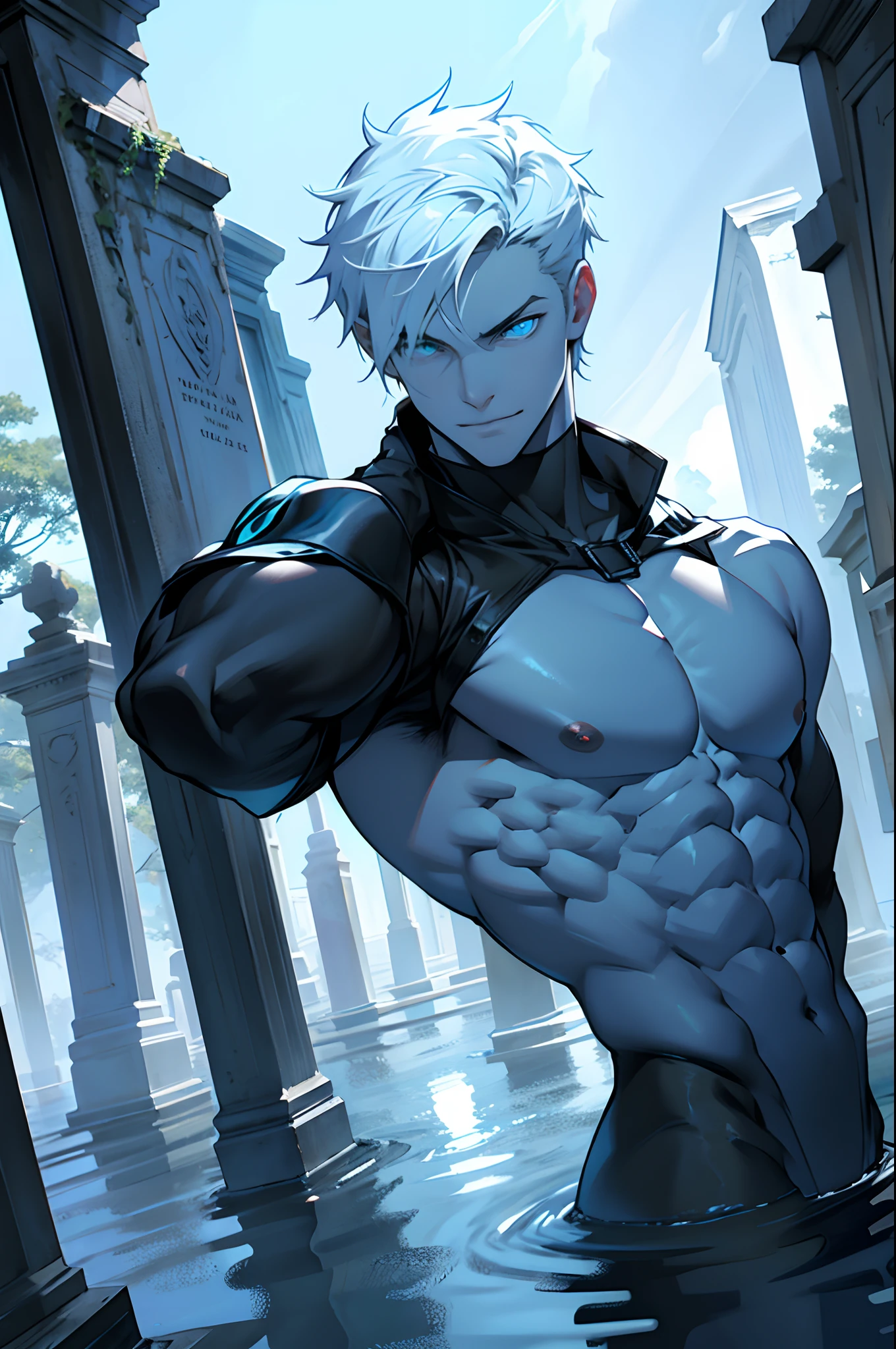 Thin guy, toned, not muscular, semitransparent, pale, glowing blue eyes, flooded cemetery background,