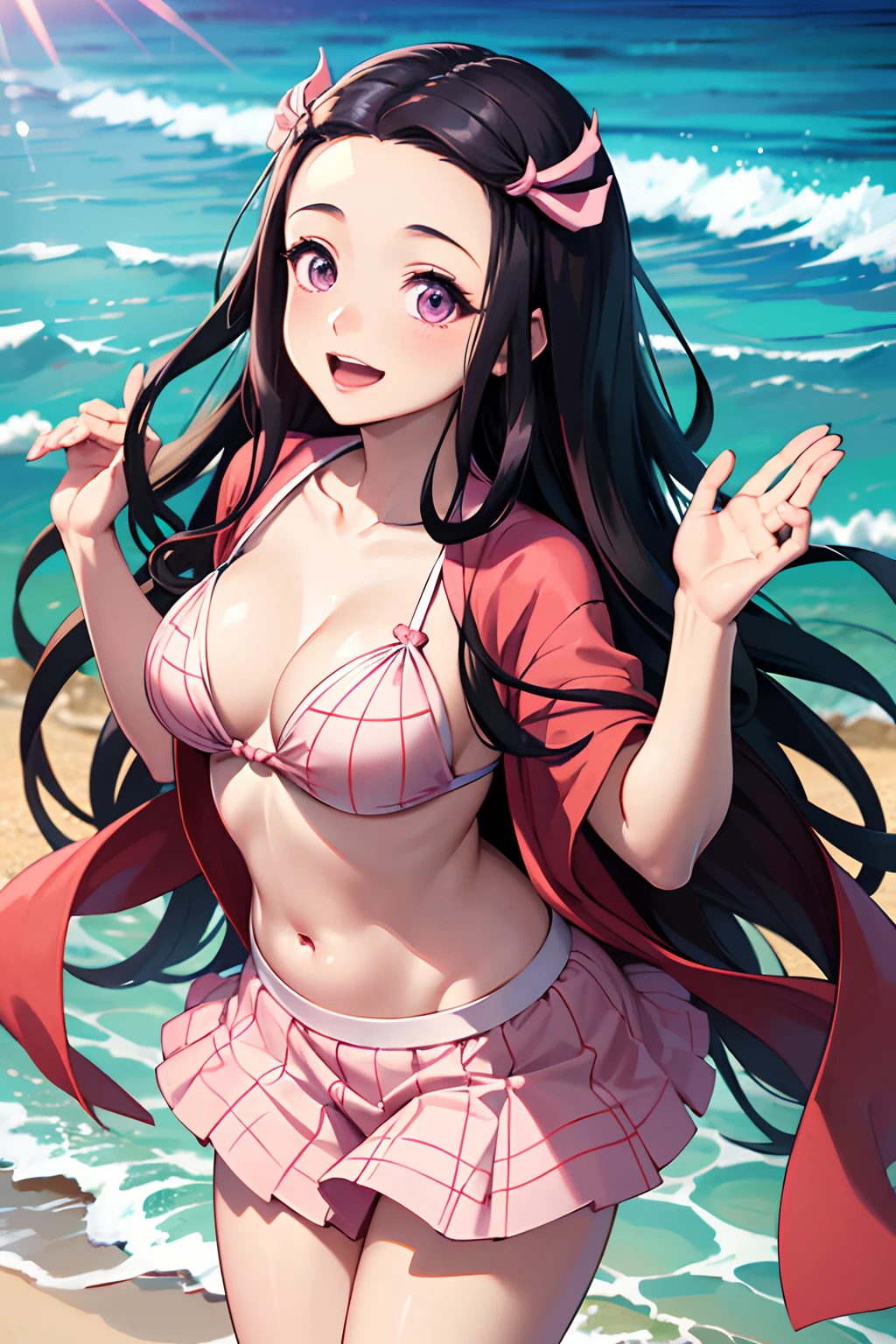 (best quality,4k,8k,highres,masterpiece:1.2),ultra-detailed,(realistic,photorealistic,photo-realistic:1.37),beautiful Nezuko Kamado with stunning eyes in a vibrant Pink bikini,Nezuko Kamado in a lively beach scene with crystal clear water and soft sandy beach,Nezuko Kamado posing gracefully with a serene smile on her face,Nezuko Kamado standing near a beautiful palm tree,Nezuko Kamado standing on a rocky cliff overlooking the vast ocean,Nezuko Kamado surrounded by tropical flowers and plants,Nezuko Kamado's flowing hair dancing in the gentle sea breeze,Nezuko Kamado with a radiant sun setting in the background,Nezuko Kamado's slender figure glowing under the warm sunlight,Nezuko Kamado's delicate skin reflecting the golden rays of the sun,Nezuko Kamado's cute pink bikini contrasting with the vibrant blue of the ocean,Nezuko Kamado's graceful posture accentuating her charm and beauty,Nezuko Kamado's eyes filled with curiosity and joy as she explores the beach,Nezuko Kamado's infectious laughter echoing in the peaceful beach atmosphere,Nezuko Kamado's pink bikini complementing her gentle and elegant personality,Nezuko Kamado exuding confidence and grace as she walks along the shoreline,Nezuko Kamado's bikini showcasing her slender figure and perfect proportions,Nezuko Kamado's beach attire highlighting her strength and femininity,Nezuko Kamado enjoying the warm sand beneath her feet and the soothing sound of waves,Nezuko Kamado's relaxed and carefree expression,Nezuko Kamado radiating happiness and embracing the beauty of nature,Nezuko Kamado's pure and innocent smile capturing the hearts of the viewers,Nezuko Kamado's joyful spirit shining through her eyes,Nezuko Kamado being the epitome of youth and vitality,Nezuko Kamado's presence bringing warmth and joy to the beach,Nezuko Kamado becoming the center of attention with her confidence and elegance,Nezuko Kamado's youthful energy filling the air with excitement and joy,Nezuko Kamado's vibrant personality matching the