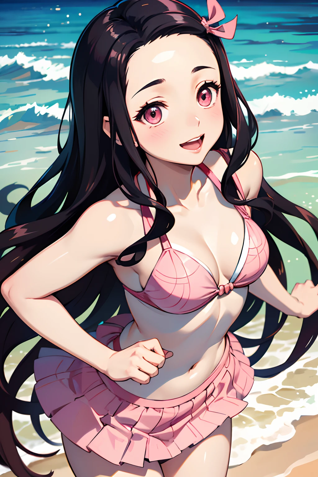 (best quality,4k,8k,highres,masterpiece:1.2),ultra-detailed,(realistic,photorealistic,photo-realistic:1.37),beautiful Nezuko Kamado with stunning eyes in a vibrant Pink bikini,Nezuko Kamado in a lively beach scene with crystal clear water and soft sandy beach,Nezuko Kamado posing gracefully with a serene smile on her face,Nezuko Kamado standing near a beautiful palm tree,Nezuko Kamado standing on a rocky cliff overlooking the vast ocean,Nezuko Kamado surrounded by tropical flowers and plants,Nezuko Kamado's flowing hair dancing in the gentle sea breeze,Nezuko Kamado with a radiant sun setting in the background,Nezuko Kamado's slender figure glowing under the warm sunlight,Nezuko Kamado's delicate skin reflecting the golden rays of the sun,Nezuko Kamado's cute pink bikini contrasting with the vibrant blue of the ocean,Nezuko Kamado's graceful posture accentuating her charm and beauty,Nezuko Kamado's eyes filled with curiosity and joy as she explores the beach,Nezuko Kamado's infectious laughter echoing in the peaceful beach atmosphere,Nezuko Kamado's pink bikini complementing her gentle and elegant personality,Nezuko Kamado exuding confidence and grace as she walks along the shoreline,Nezuko Kamado's bikini showcasing her slender figure and perfect proportions,Nezuko Kamado's beach attire highlighting her strength and femininity,Nezuko Kamado enjoying the warm sand beneath her feet and the soothing sound of waves,Nezuko Kamado's relaxed and carefree expression,Nezuko Kamado radiating happiness and embracing the beauty of nature,Nezuko Kamado's pure and innocent smile capturing the hearts of the viewers,Nezuko Kamado's joyful spirit shining through her eyes,Nezuko Kamado being the epitome of youth and vitality,Nezuko Kamado's presence bringing warmth and joy to the beach,Nezuko Kamado becoming the center of attention with her confidence and elegance,Nezuko Kamado's youthful energy filling the air with excitement and joy,Nezuko Kamado's vibrant personality matching the