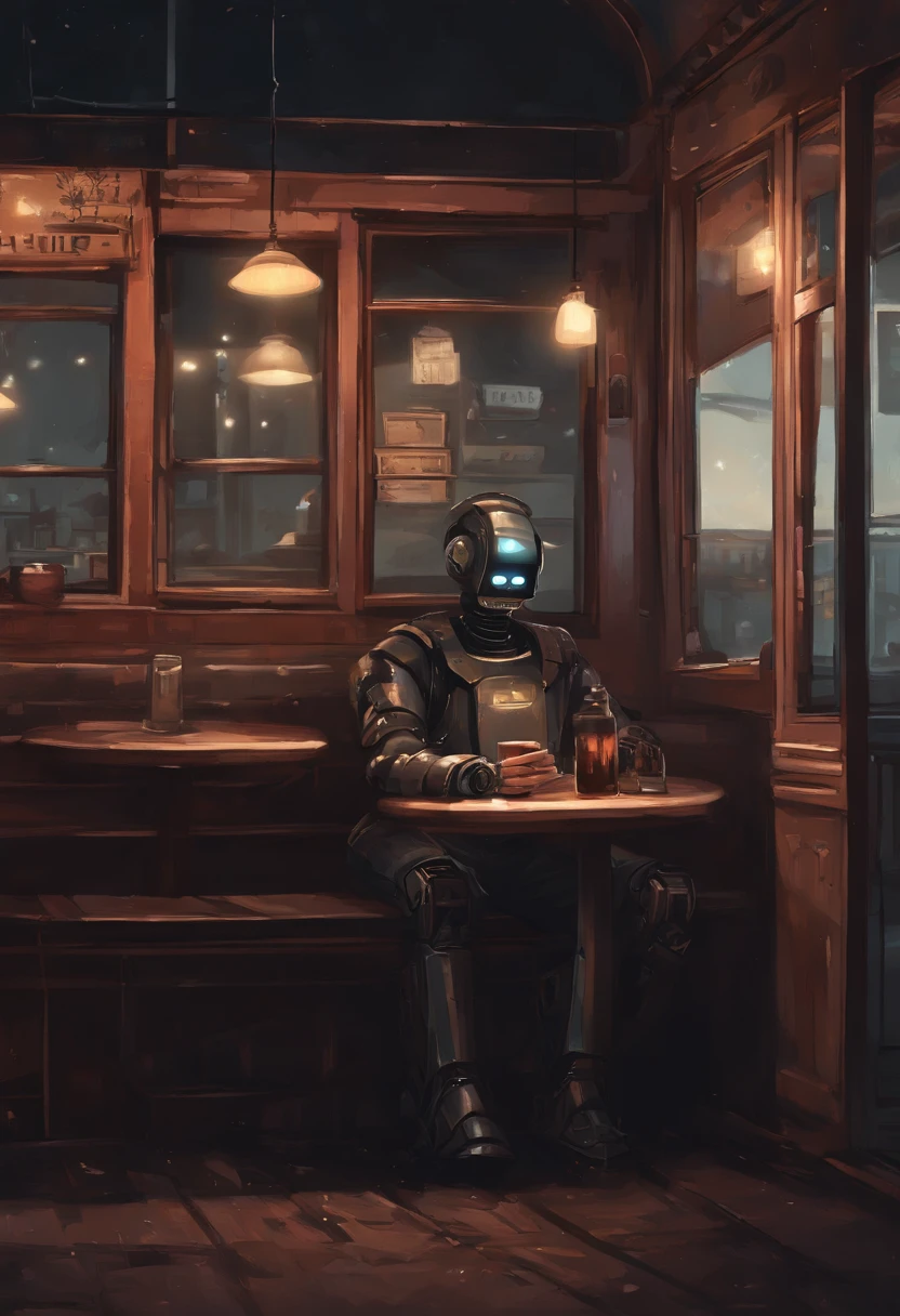 (A painting of Aina Ainami(Alena Aenami)Style gritty digital paintings,Depicts a rebellious teenage girl sitting alone in a shabby dystopian restaurant: 1.2), (Her clothes were shabby,There are patches and pins on the style,to show her defiance: 1.1), (The restaurant was empty,There is only one robot attendant,The neon lights outside barely illuminated the booth where she was sitting。: 1.3), (Her eyes are on listening to banned songs on antique mp3 players,The eyes are strongly focused on the smudged window。: 1.0), (A half-drunk coffee and a worn-out paperback book were forgotten on the table,She is planning the next act of provocation。: 0.9), 8K, hyper HD.