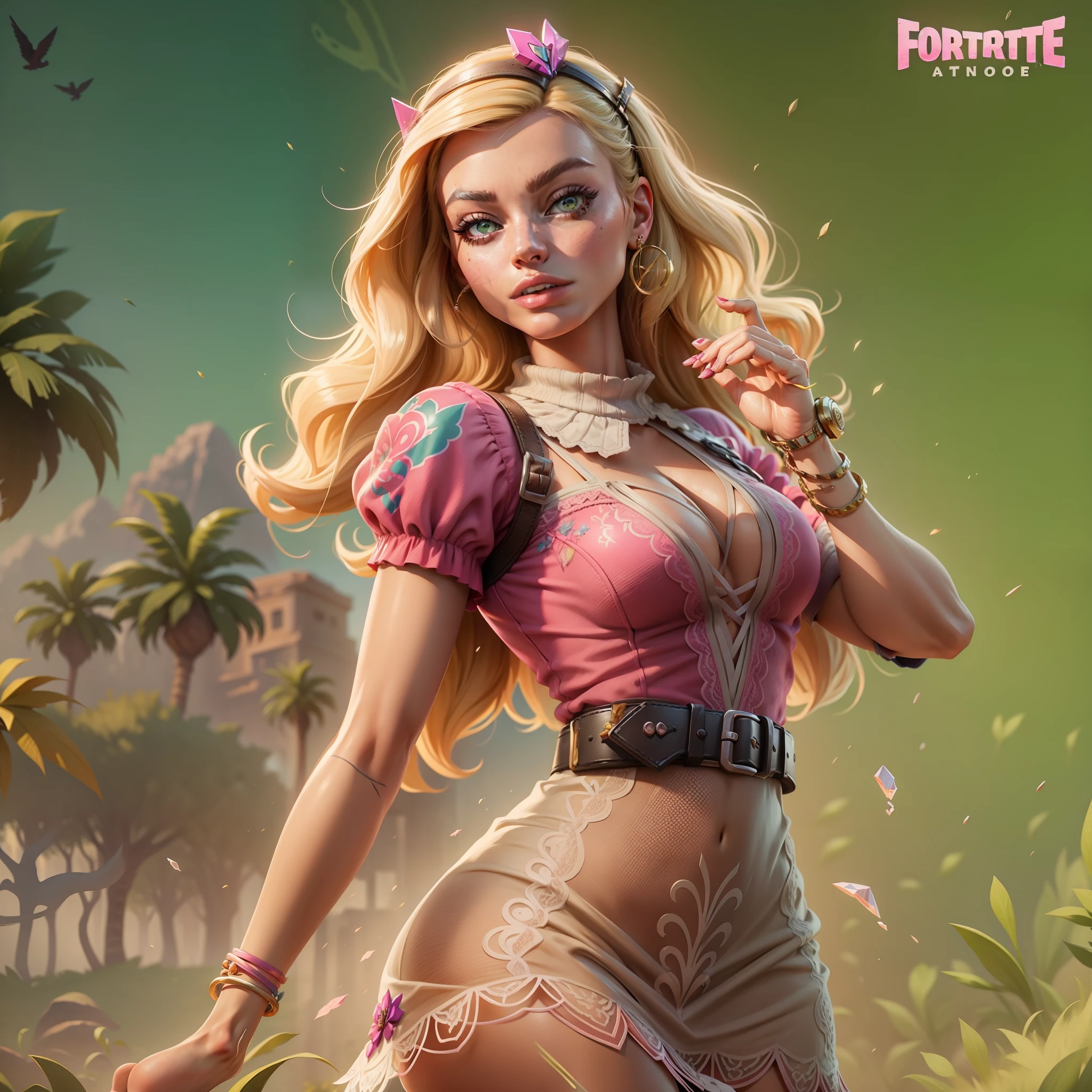 Margot Robbie as Barbie in the Fortnite Game Aesthetics, verstindo um vestido rosa com renda, sapatos de salto alto, segurando uma picareta rosa e uma pistola amarela, peitos pequenos, Do not use sexualization, roupas despojadas, splash art oficial da barbie no fortnite, mapa do jogo fortnite como fundo.