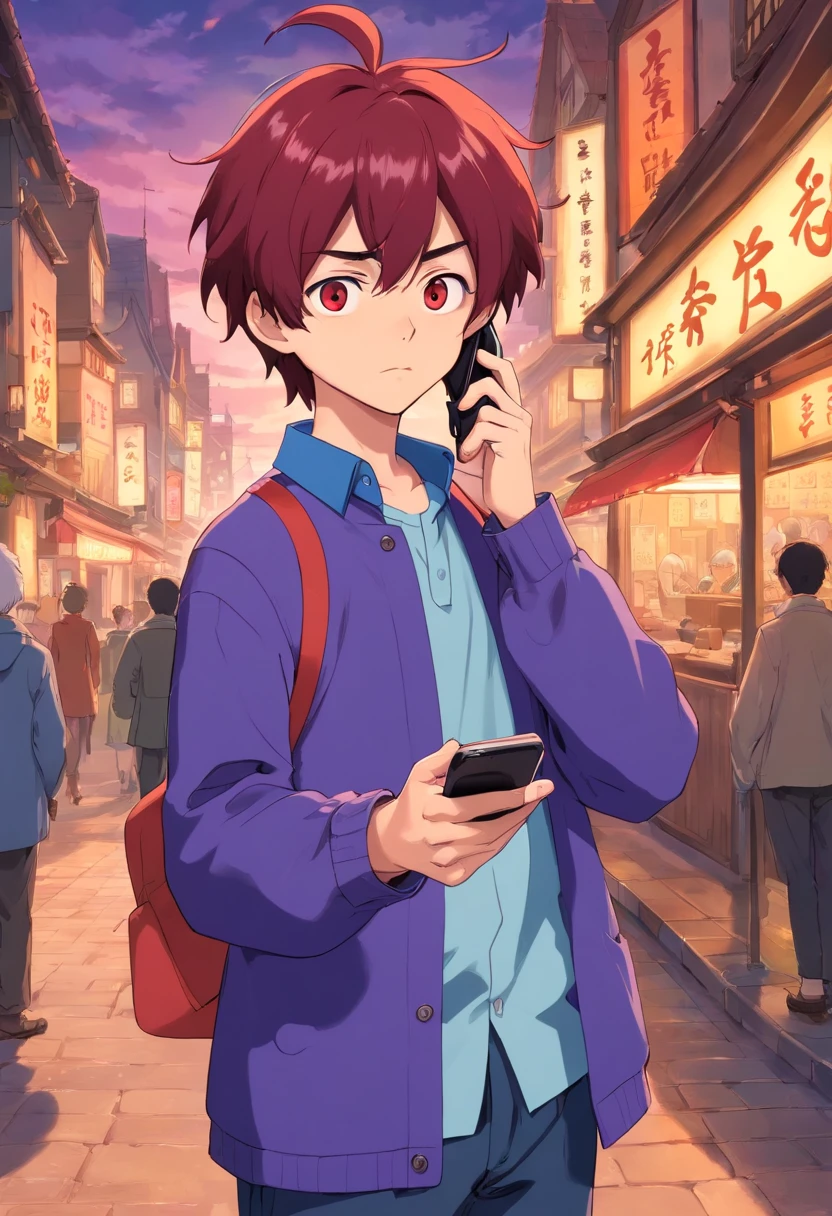 Anime boy looking at his phone，The background is blank, style of anime4 K, mamoru hosoda, kentaro miura art style, author：New Art, inspired by Shingei，Holding the phone in his left hand，A confused look，The mouth is open，brunette color hair，Red eyes，Standing，Purple coat，Blue shirt，The background is plain blank，A confused look，Roll your eyes