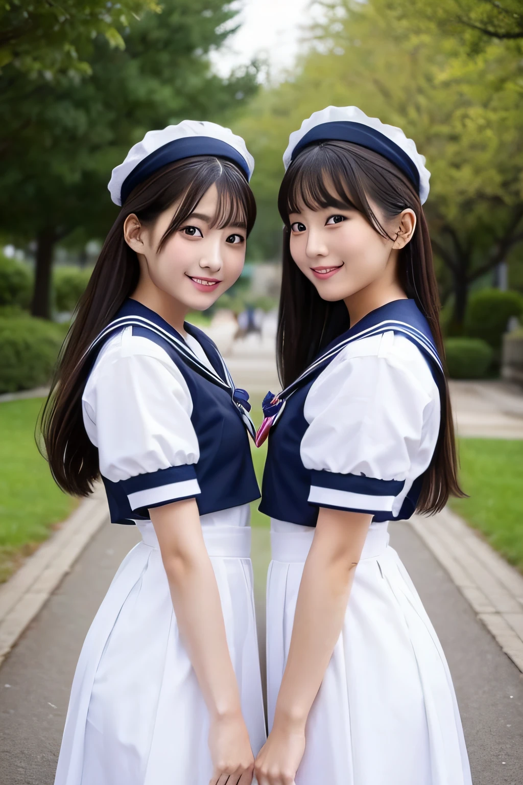 2 girls standing in school yard,short-sleeved pink frilled sailor leotard with red bow tie,18-year-old,bangs,a little smile,thighs,knees,straight hair with barrette,from below,front-light